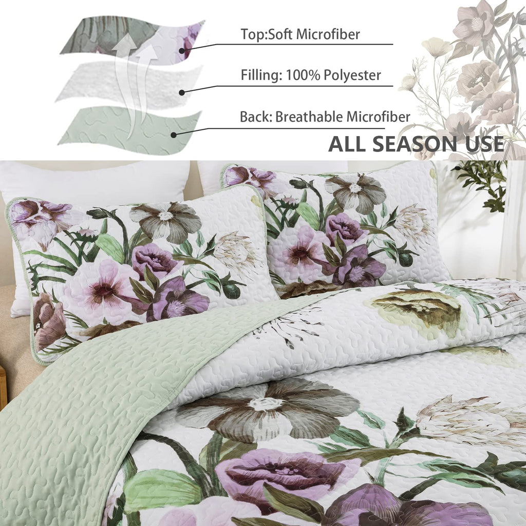 Drucon Floral Quilt Set Queen 3 Pieces Boho Green Quilt Coverlet Set Soft Microfiber Lightweight Green Quilted Bedspread For All