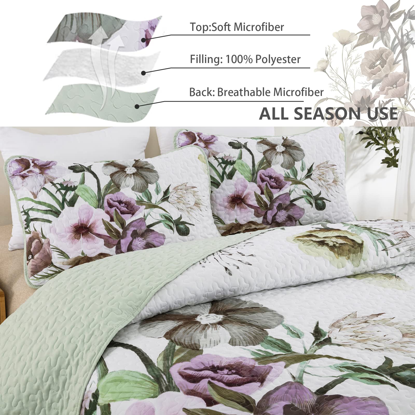 Drucon Floral Quilt Set Queen 3 Pieces Boho Green Quilt Coverlet Set Soft Microfiber Lightweight Green Quilted Bedspread For All