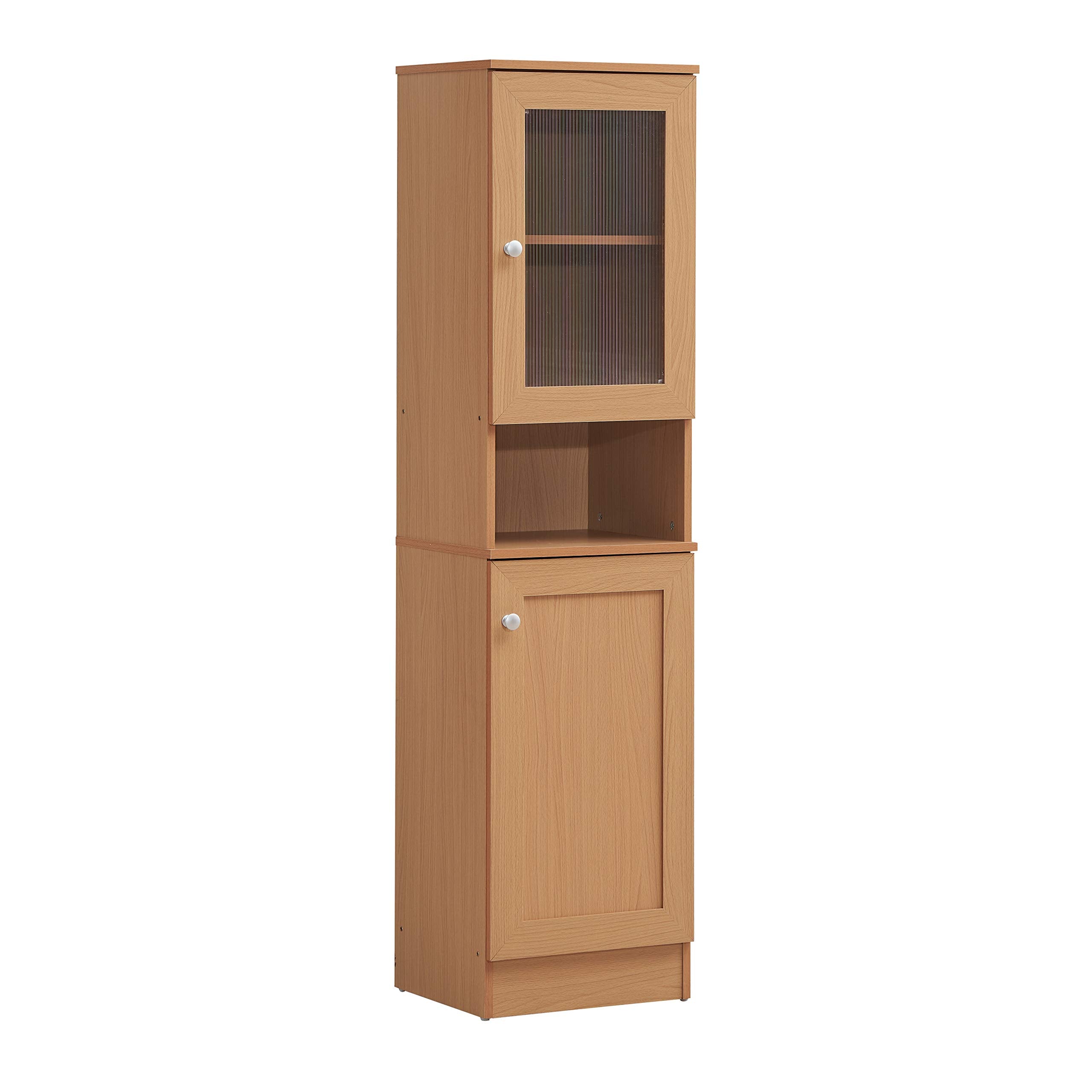 Hodedah 63 Tall Slim Open Shelf Plus Top and Bottom Enclosed Storage Kitchen Pantry, Beech (HIK93 Beech)
