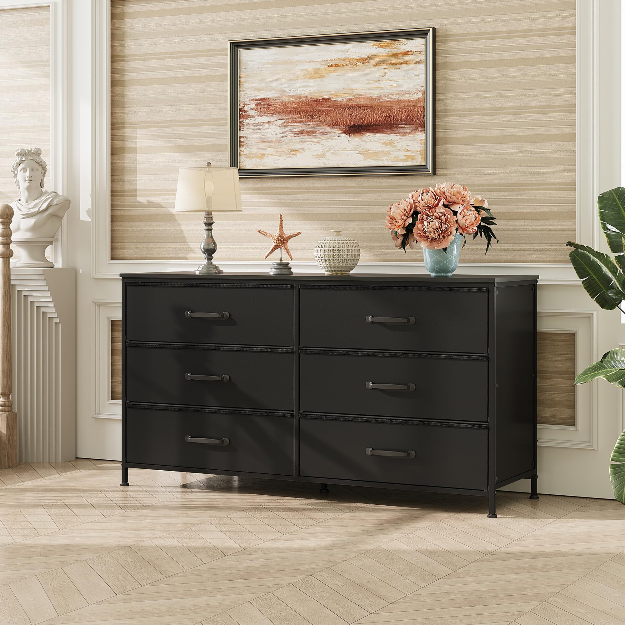 Wlive Black Dresser For Bedroom, Wide Fabric 6 Drawer Dresser Tv Stand For 60' Tv, Large Storage Tower Unit With Fabric Bins For Living Room, Closet, Hallway