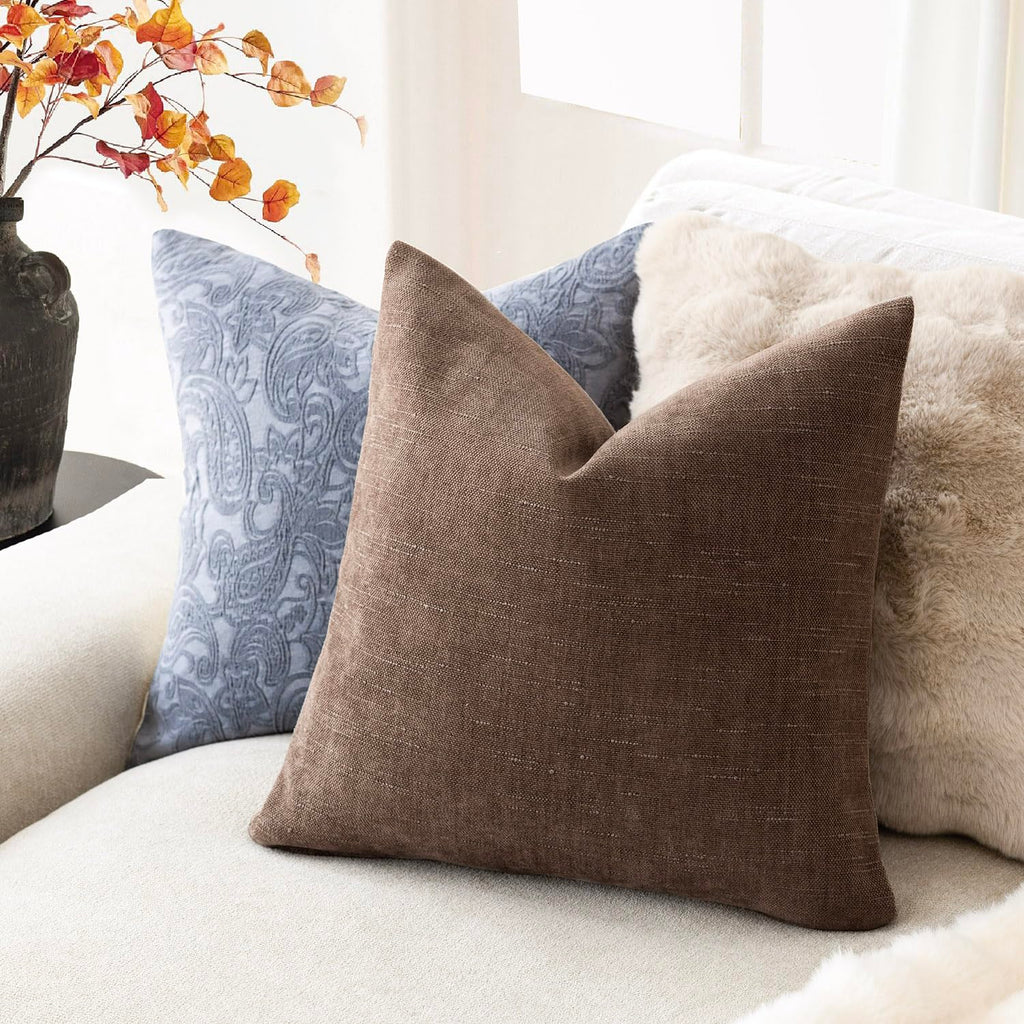 Foindtower Set Of 2 Soft Textured Chenille Throw Decorative Pillow Covers Square Accent Solid Cushion Cover Cozy Neutral Farmhou