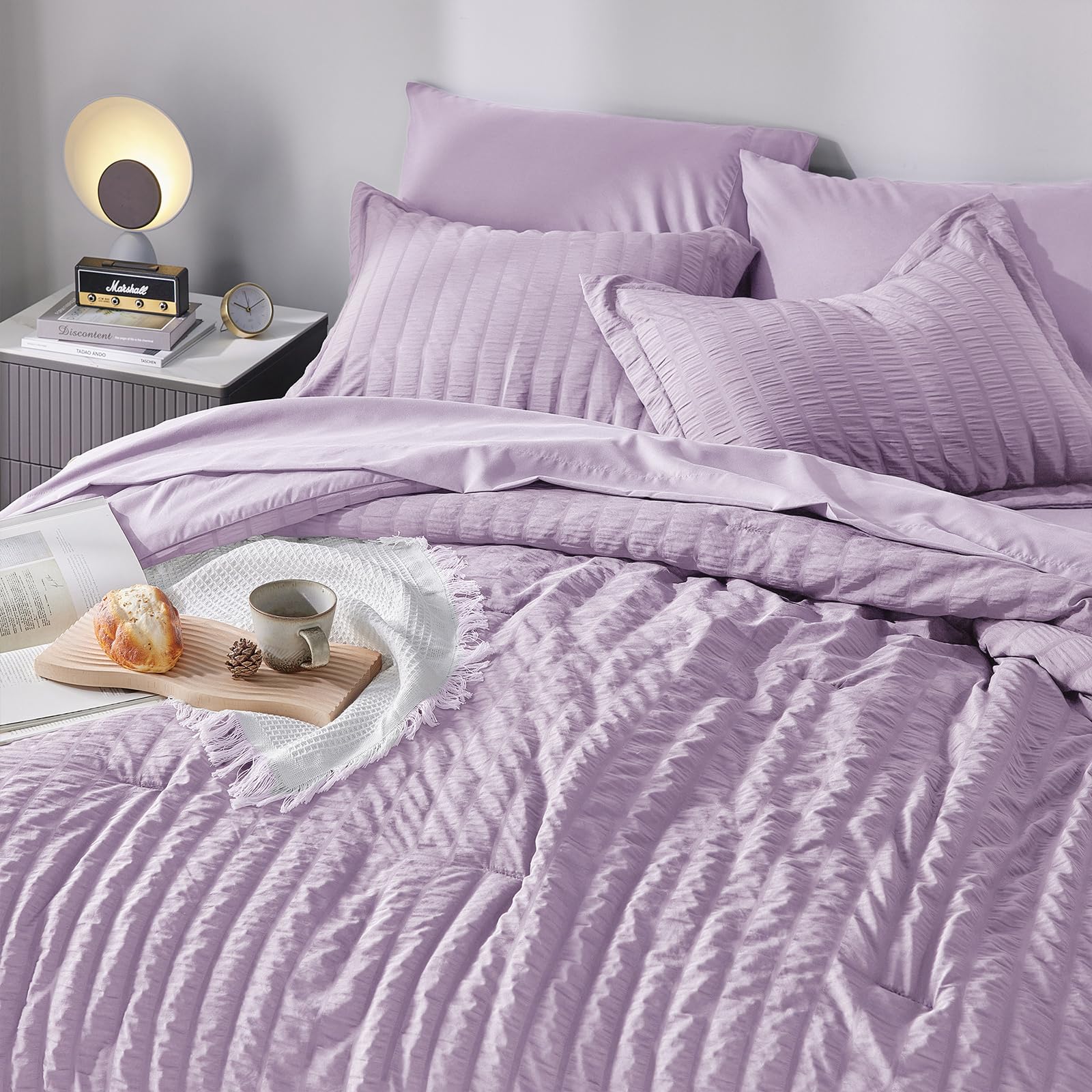 Cozylux King Seersucker Comforter Set With Sheets Light Purple Bed In A Bag 7-Pieces All Season Lavender Bedding Sets With Comforter, Pillow Sham, Flat Sheet, Fitted Sheet, Pillowcase