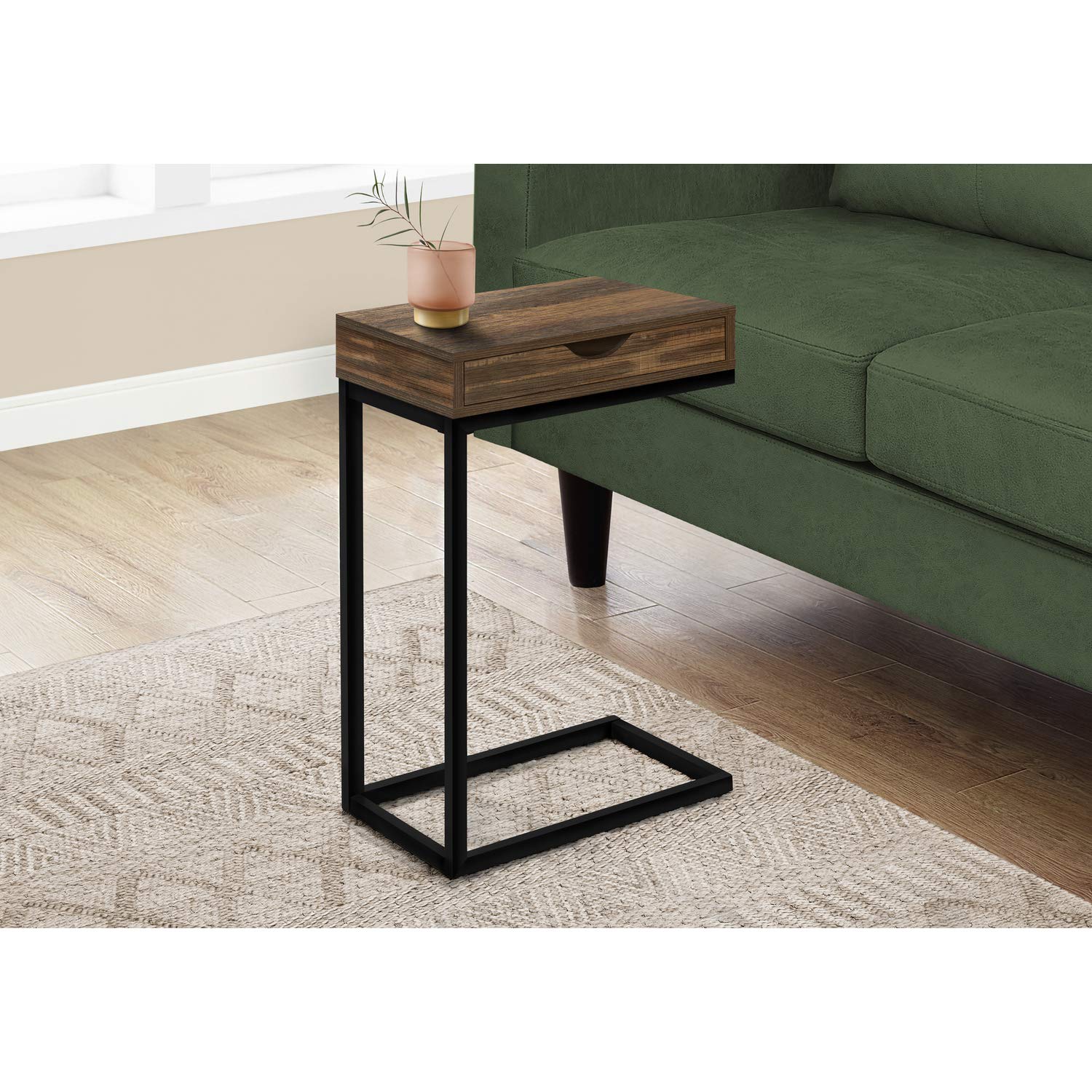 Monarch Specialties I 3602 Accent Table, C-Shaped, End, Side, Snack, Storage Drawer, Living Room, Bedroom, Metal, Laminate, Brown, Black, Contemporary, Modern