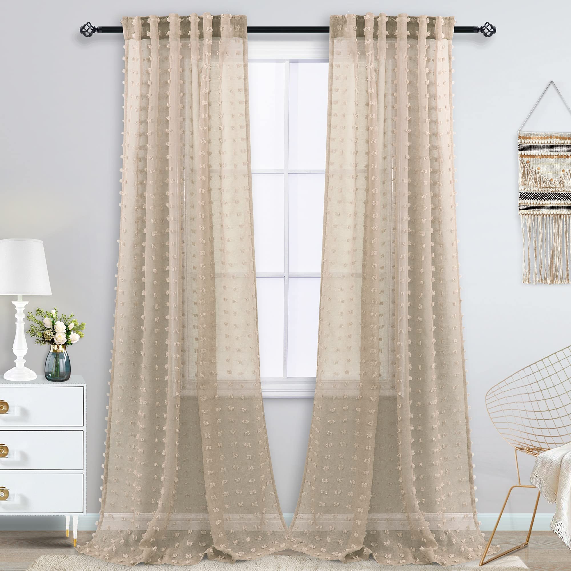 Koufall Tan Curtains 102 Inches Long For Bedroom Soft Pom Pom Boho Light Weight Sheer Cozy Curtains For Living Room Home Office,Grey Beige,52X102 Inch Length 2 Panels Set