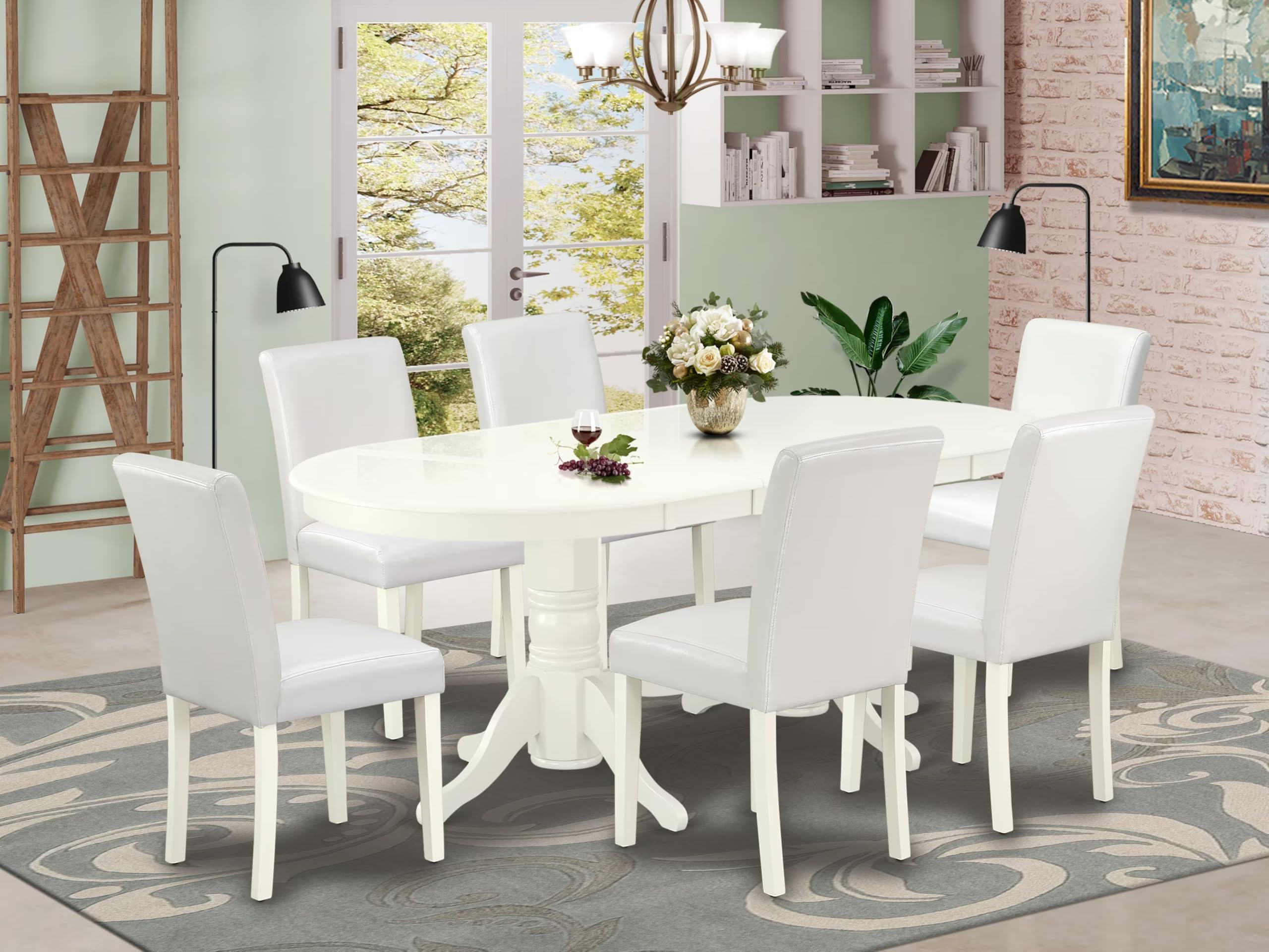 East West Furniture Vaab7-Lwh-64 7 Piece Dinette Set Consist Of An Oval Dining Room Table With Butterfly Leaf And 6 White Faux Leather Upholstered Chairs, 40X76 Inch, Linen White