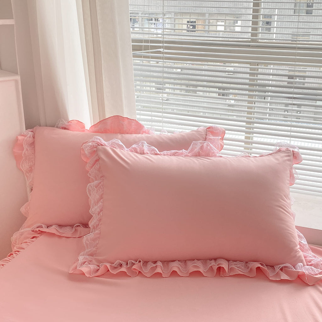 Moowoo Chic Ruffle Lace Polyester Duvet Cover Set -Girl Pink Bedding-3 Piece Queen Duvet Cover With Zipper Closure -Ultra Soft A