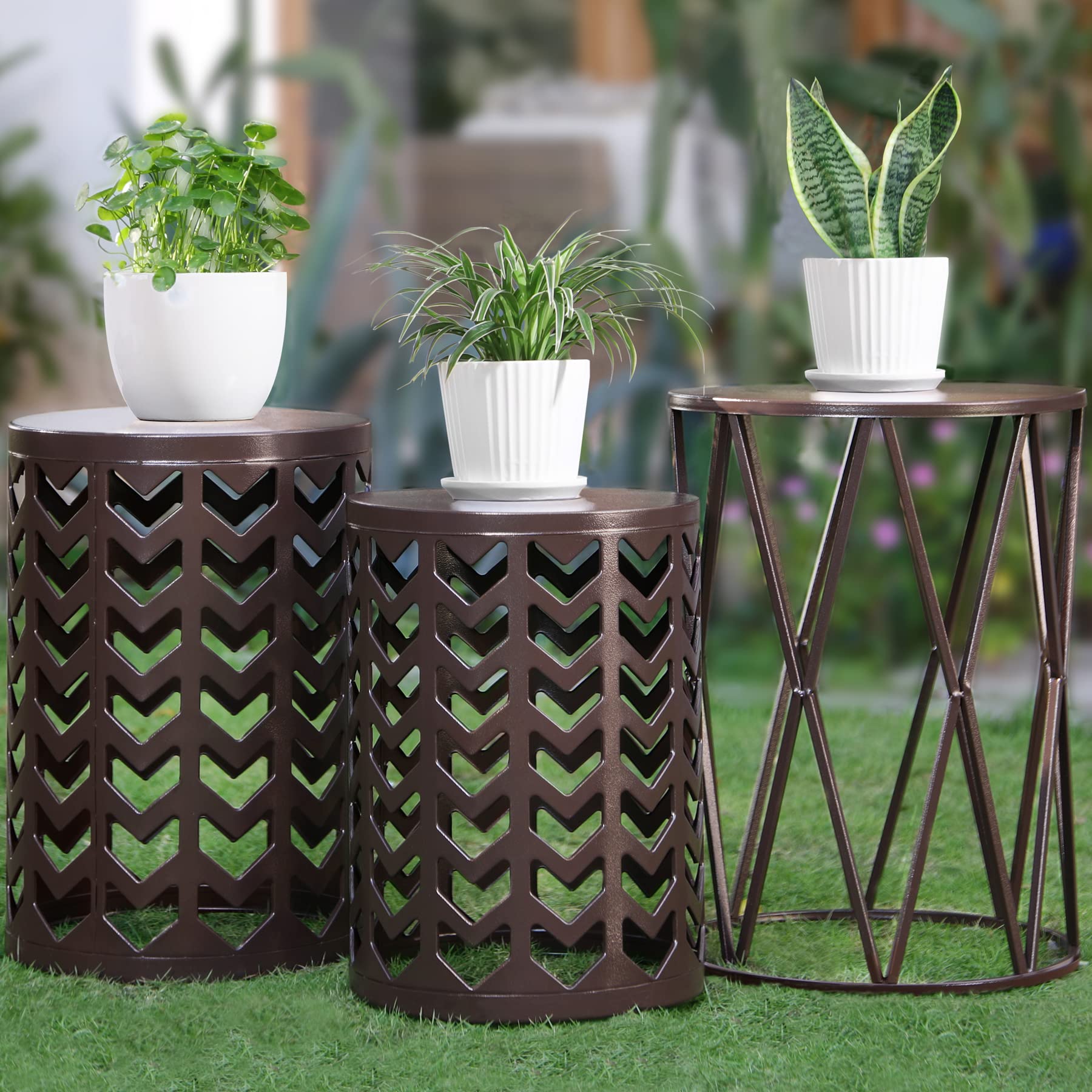 HFHOME Round Nesting Coffee Tables, Set of 3 End Tables for Living Room Balcony Office, Heavy Duty Metal Stacking Side Tables fo
