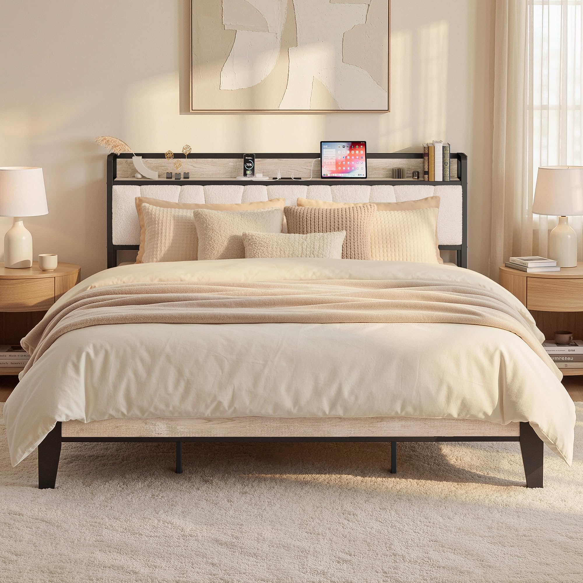 LIKIMIO King Size Bed Frames, Boucl   Storage Headboard with Charging Station, Solid and Stable, Noise Free, No Box Spring Neede