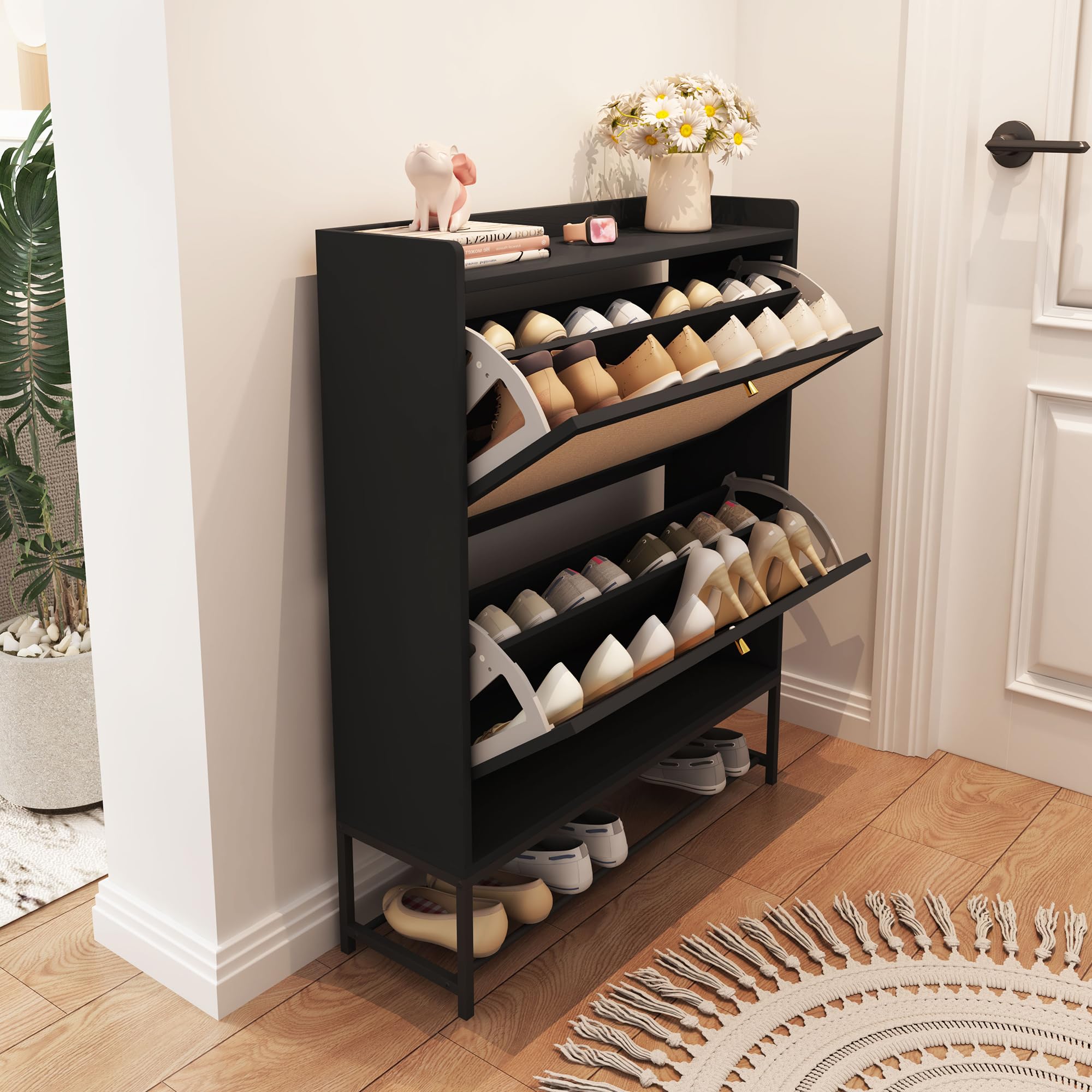 Avzear Shoe Cabinet, Shoe Cabinet Freestanding Tipping Bucket Shoe Rack Organizer With 2 Flip Drawers, Modern Entryway Narrow Sh