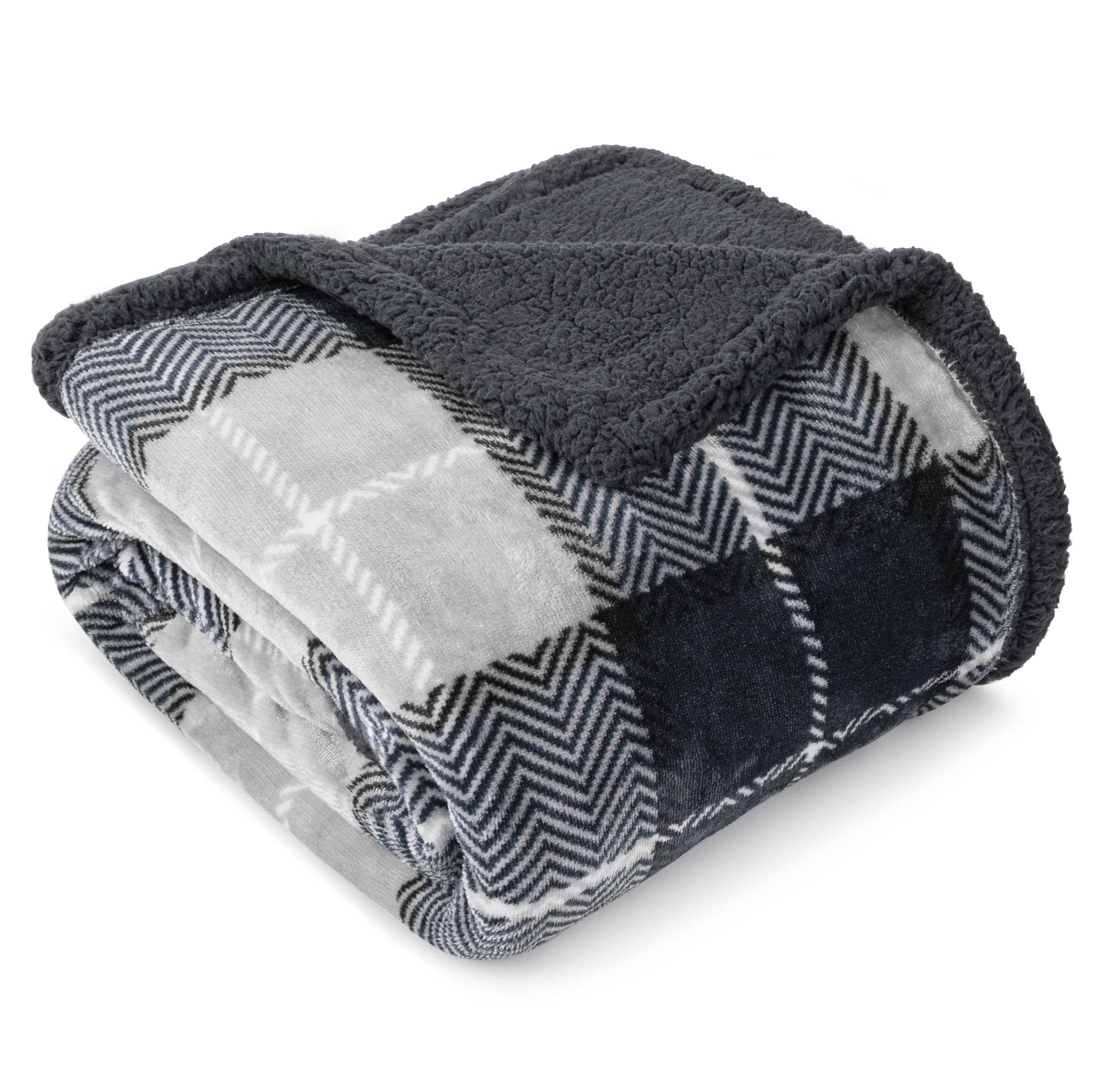 Pavilia Dark Grey Plaid Sherpa Throw Blanket For Couch Twin, Soft Plush Flannel Blanket & Throws For Bed Sofa, Warm Cozy Winter