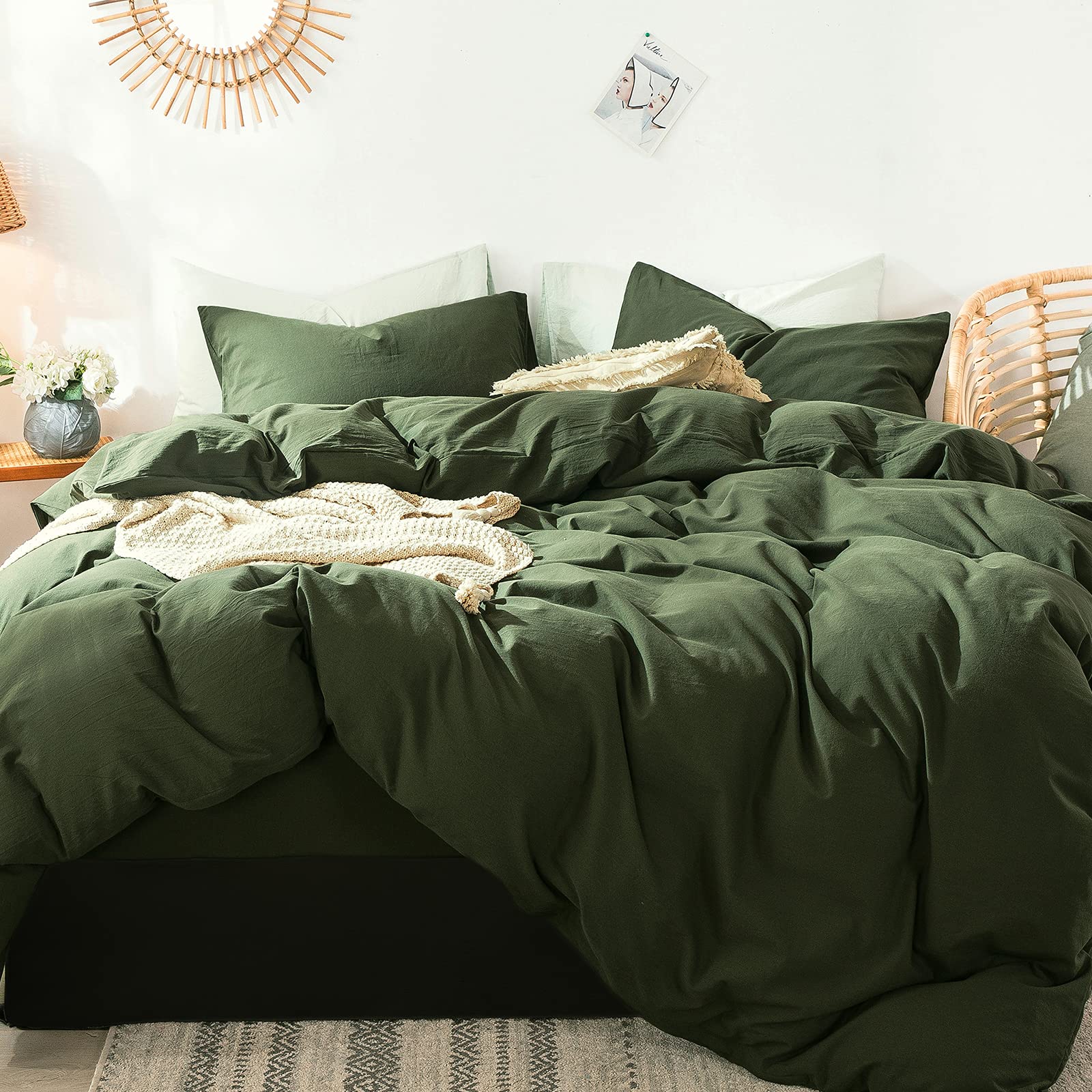 Moomee Bedding Duvet Cover Set 100% Washed Cotton Linen Like Textured Breathable Durable Soft Comfy (Olive Green, Queen)