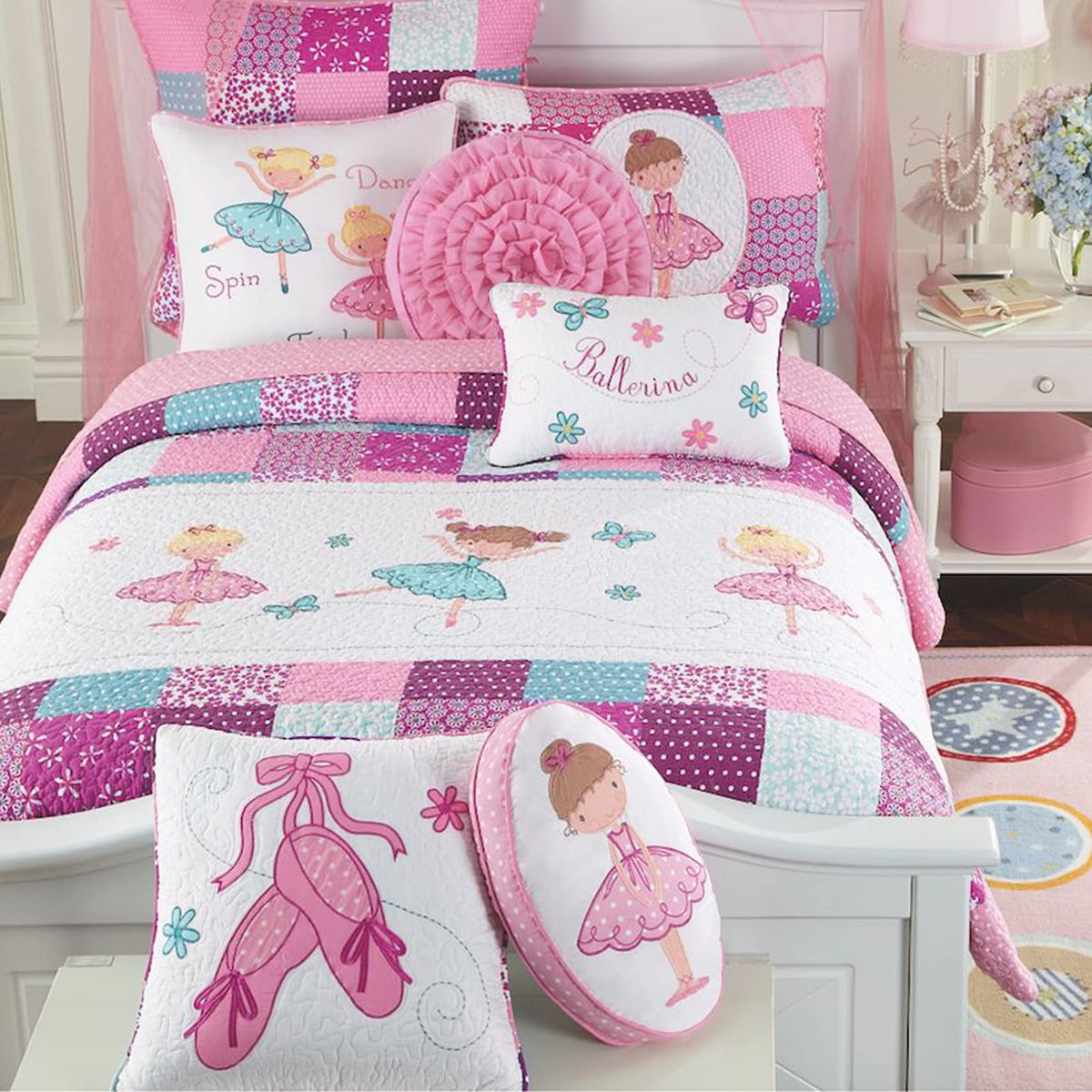 Cozy Line Home Fashions 100% Cotton Dance Princess Girl Reversible Bedding Quilt Set, Bedspread Coverlet For All Seasons (Pink B
