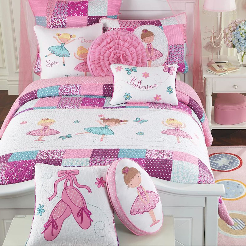 Cozy Line Home Fashions Ballerina Dance Princess Girl 100% Cotton Reversible Bedding Quilt Set, Bedspread Coverlet For All Seaso
