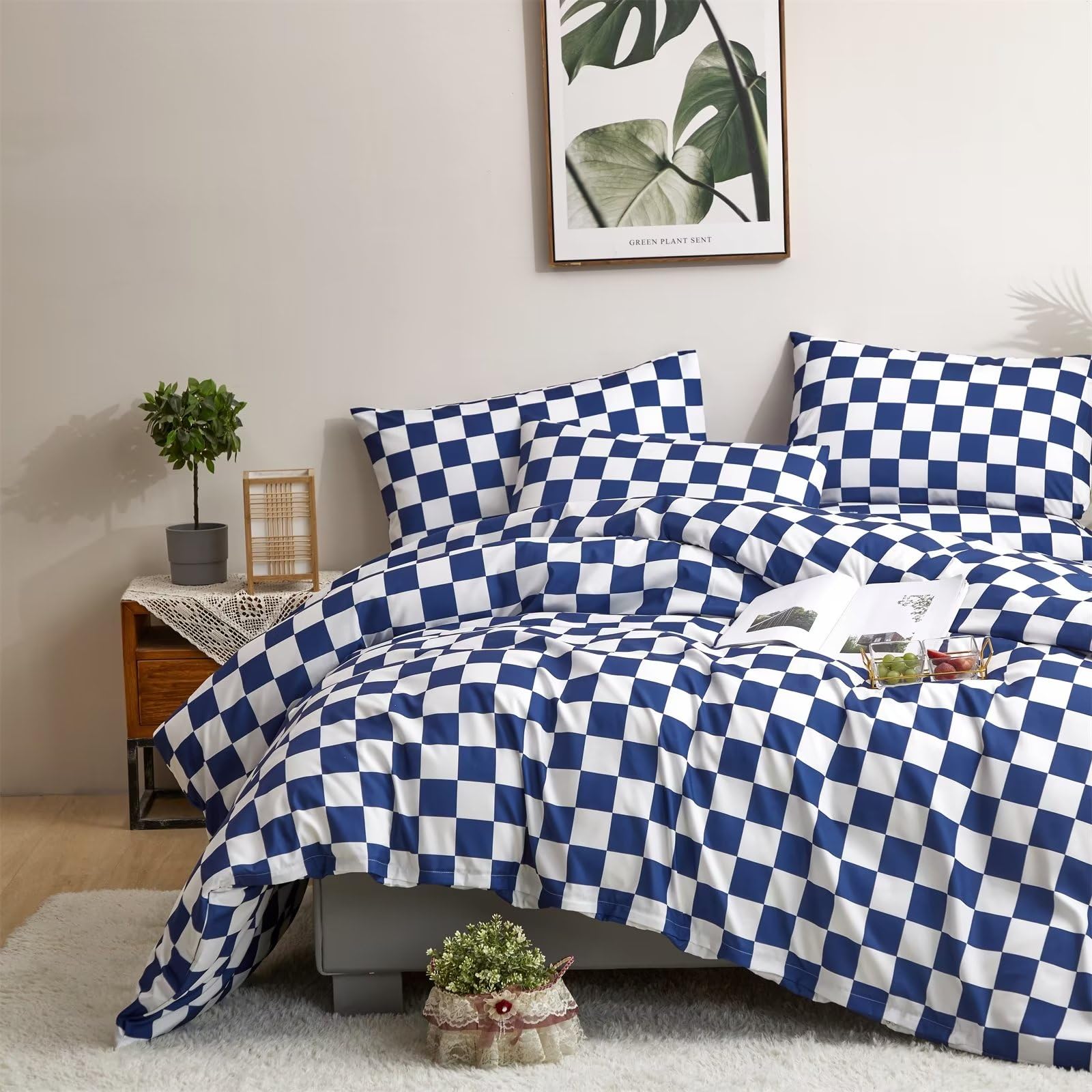 Houseri Royal Blue Plaid Comforter Set Full White And Blue Checkerboard Bedding Comforter Full Size Teen Boys Girls Dark Blue Ch