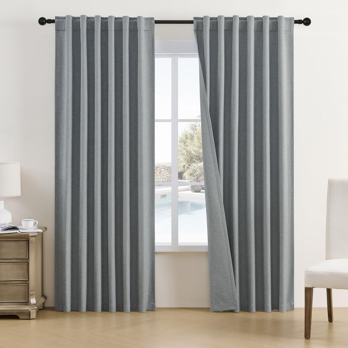 Dualife 90 Inches Long Blackout Linen Curtains Grey,Full Shade Light Blocking Sun Heat Saving Energy Efficient Drapes For Bedroo