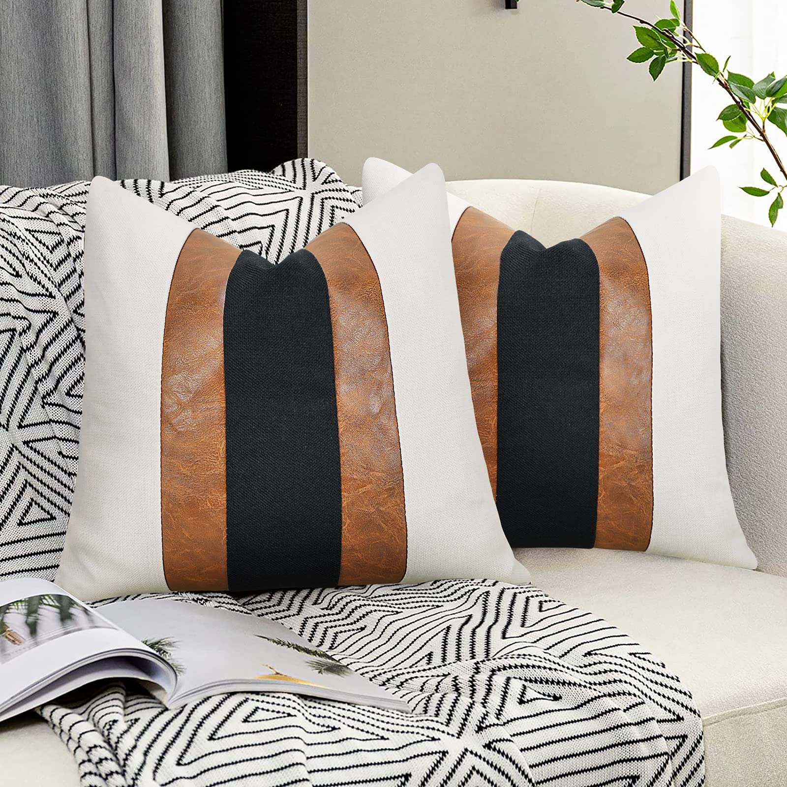 Jasen Black And White Leather Throw Pillow Covers Brown Faux Leather Decorative Pillow Cover Boho Modern Stripe Accent Cushion C