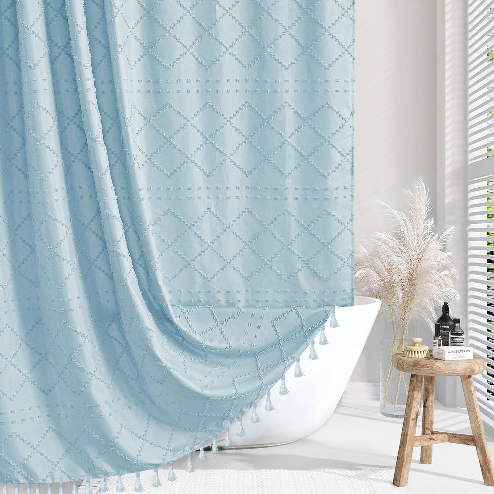 Siiluminisoy Fog Blue Boho Shower Curtain Woven Fabric Shower Curtain, 72 X 72 Tufted Chevron Textured Striped Modern Farmhouse