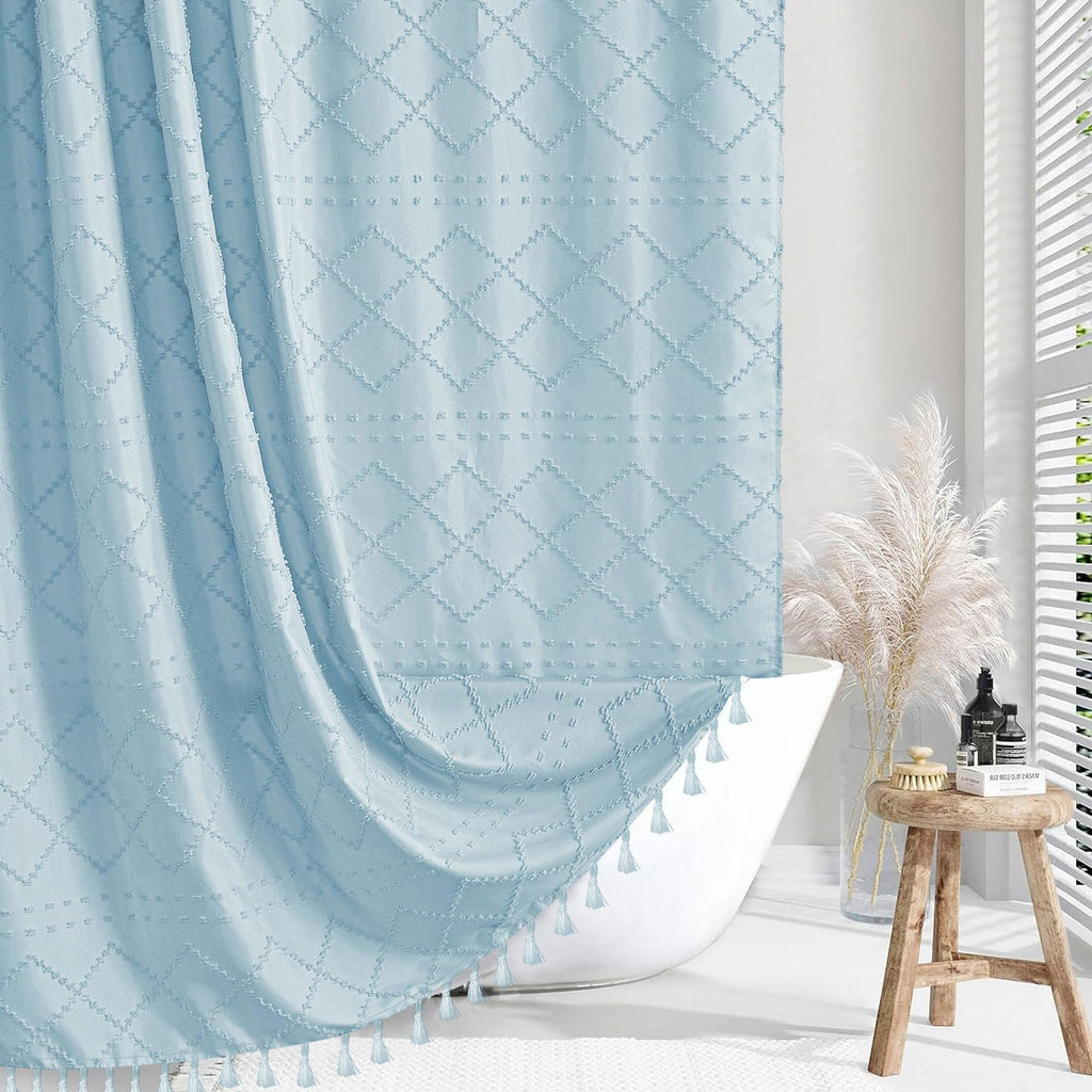 Siiluminisoy Fog Blue Boho Shower Curtain Woven Fabric Shower Curtain, 72 X 72 Tufted Chevron Textured Striped Modern Farmhouse