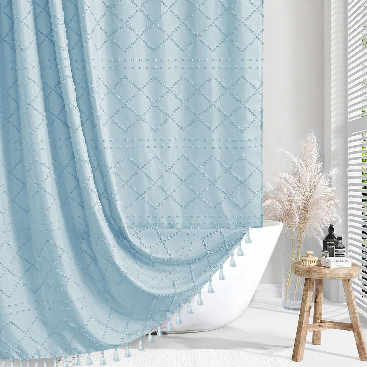 Siiluminisoy Extra Long Fog Blue Boho Shower Curtain Woven Fabric 84 Inch Shower Curtain, 72 X 84 Tufted Chevron Textured Stripe