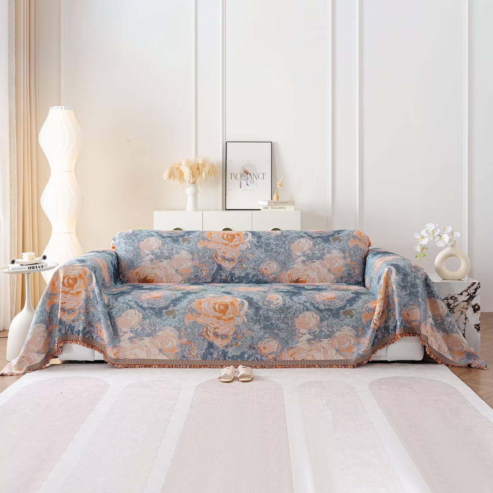 VClife Bohemian Couch Cover Thick Non Slip Cotton Linen Throw Sofa Cover for 3-4 Cushion Couch Modern Caramel Blue Galaxy Jacqua