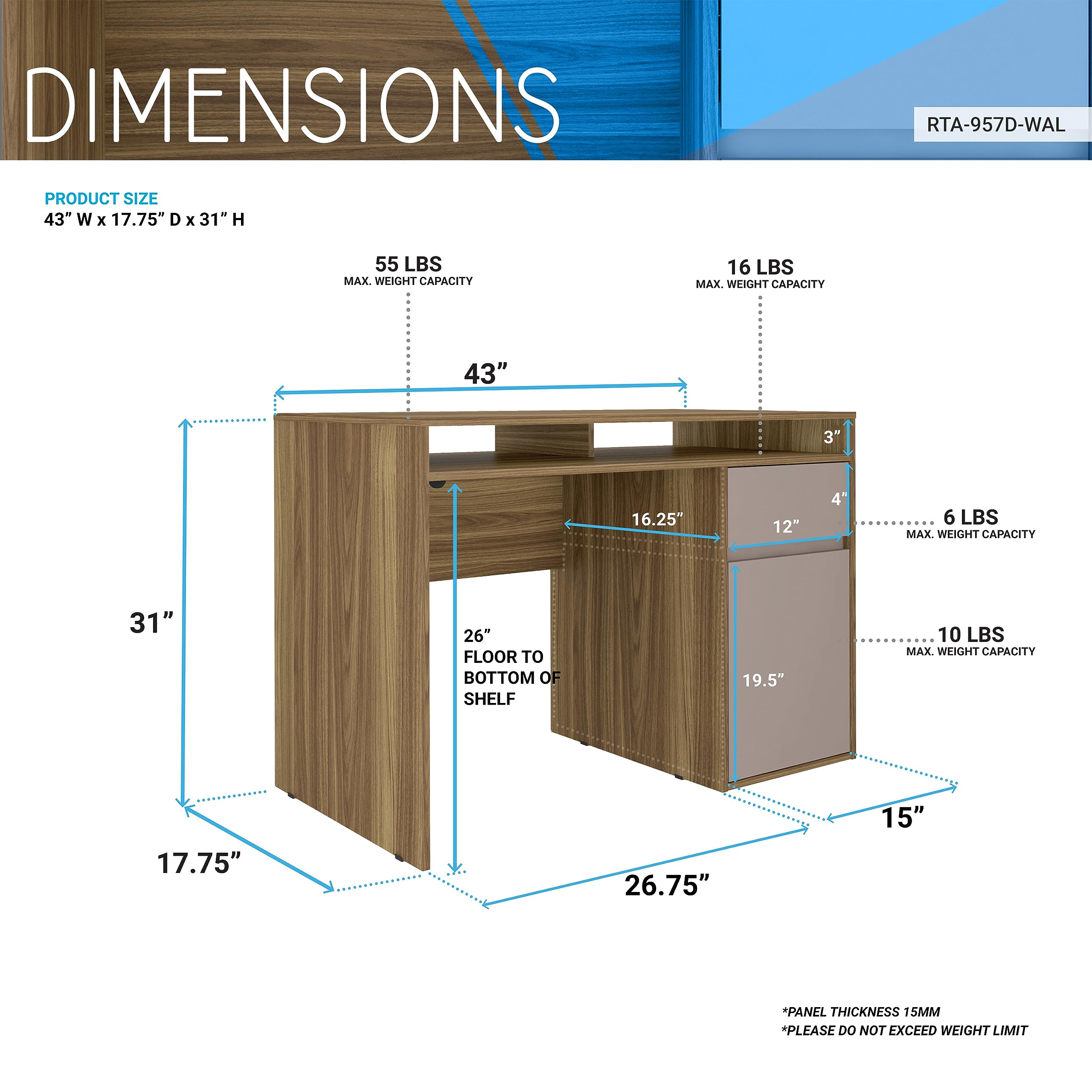 Techni Mobili Home Office Workstation with Storage Computer Desk, Walnut