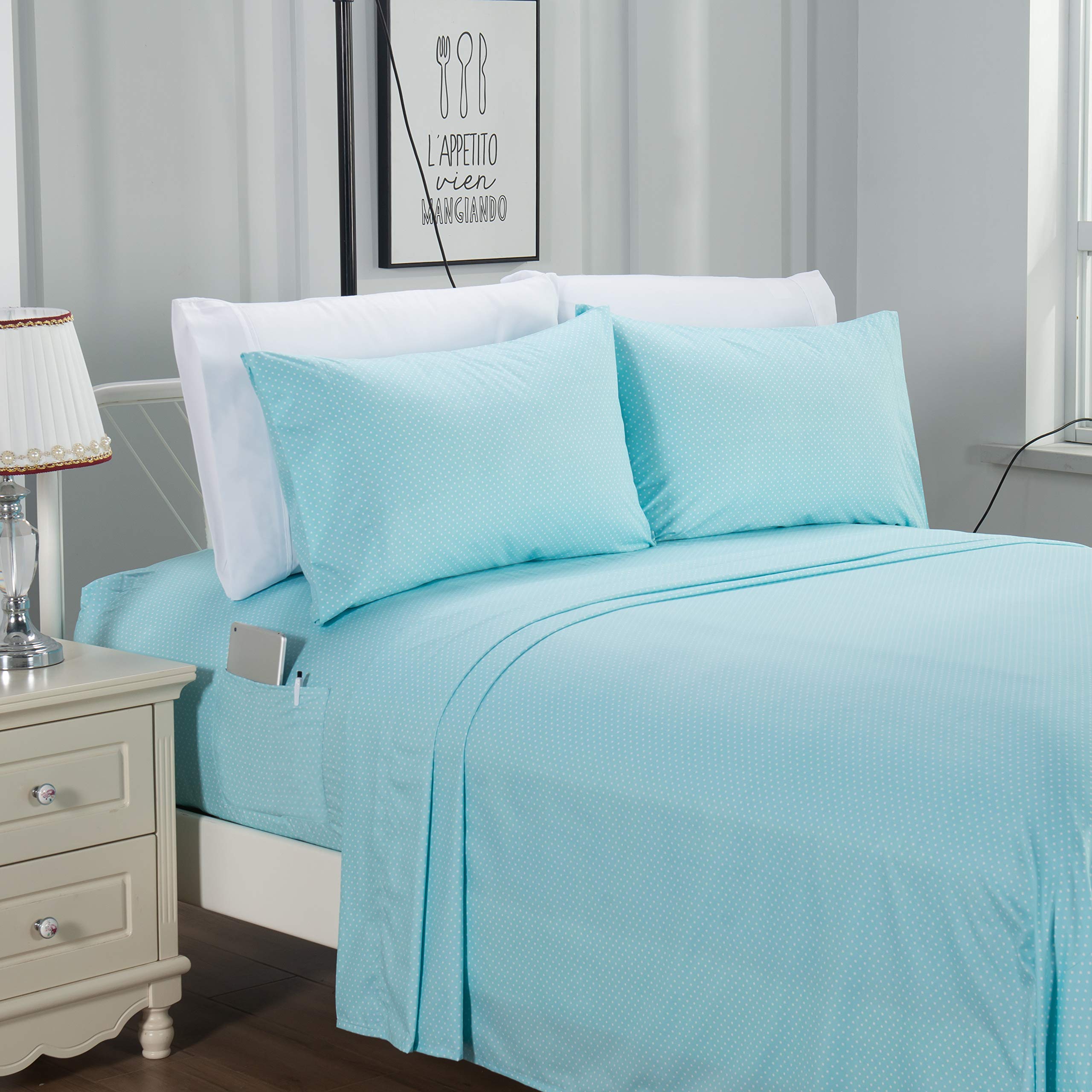 Elegant Comfort Delilah Polkadot 6-Piece Set, Fade & Wrinkle Resistant, 1500 Premium Hotel Quality Microfiber Deep Pocket Fitted Sheet Featuring Smart Pockets, Polkadot Sheet Set, King, Aqua