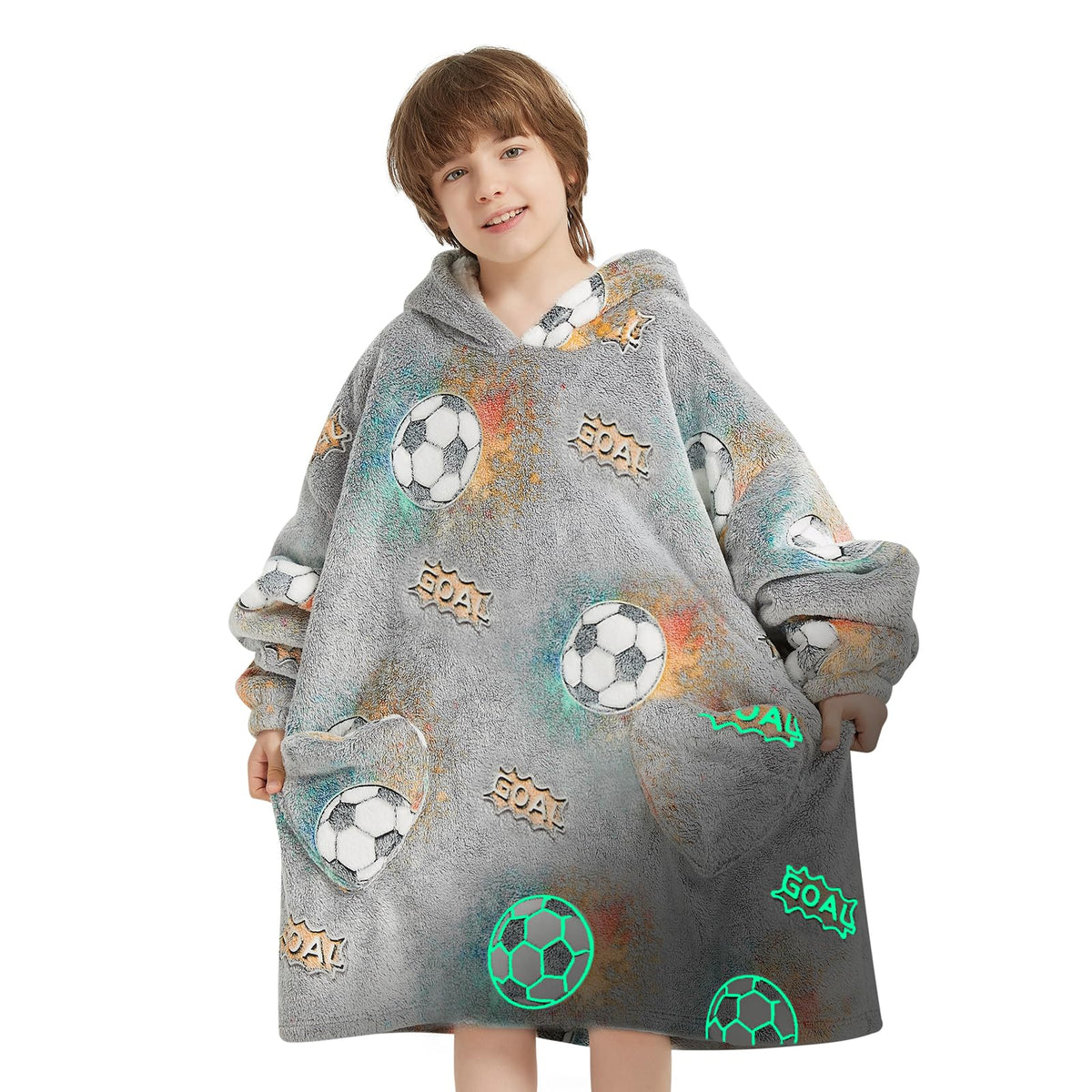 Wearable Blanket Hoodie For Kids Oversized Sherpa Blanket Hoodie For Kids Boys Girls Teens 6-13Yr,Glow In The Dark Football