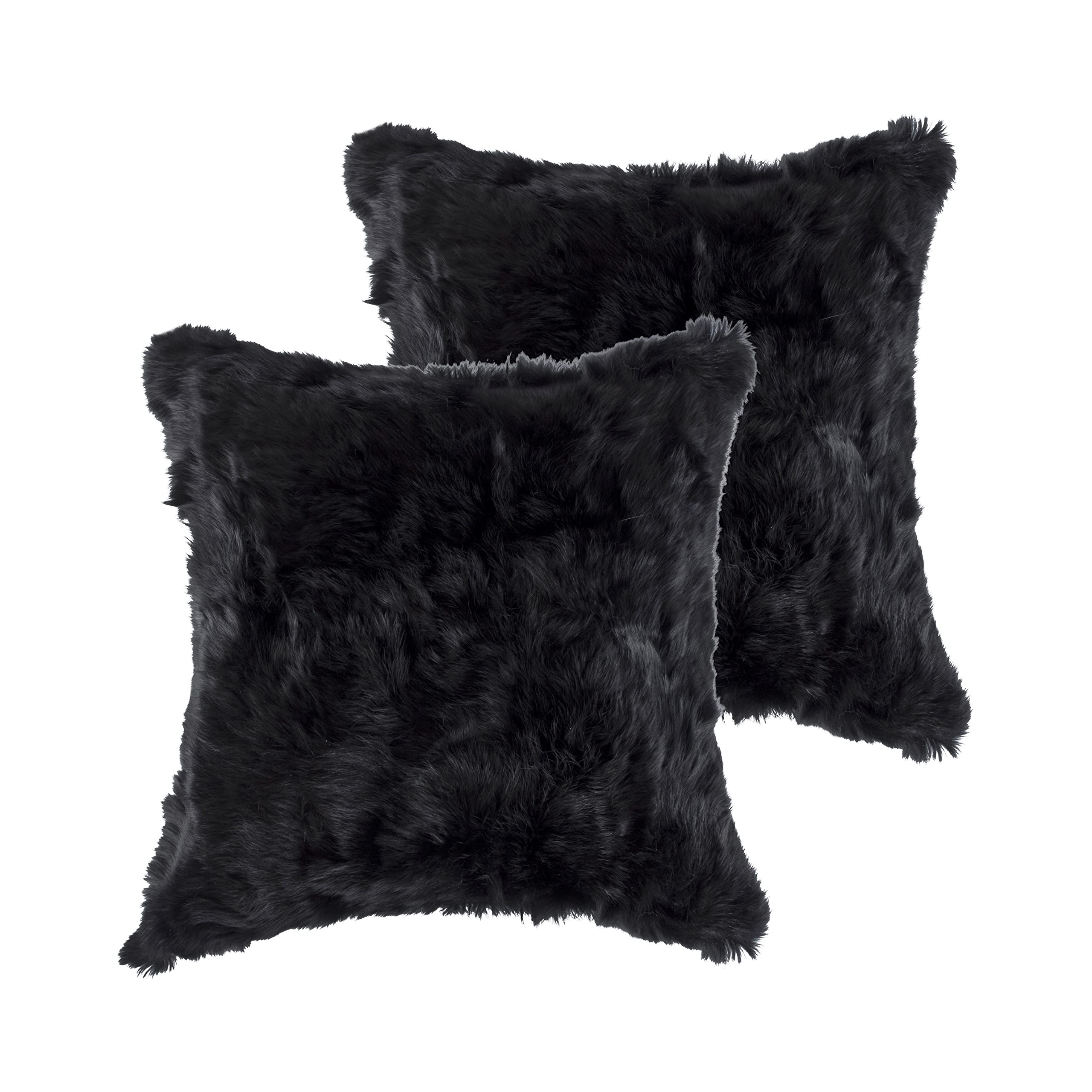 HomeRoots 100% Natural Rabbit Fur and Microsuede Set of Two 18' X 18' Black Rabbit Natural Fur Animal Print Throw Pillows