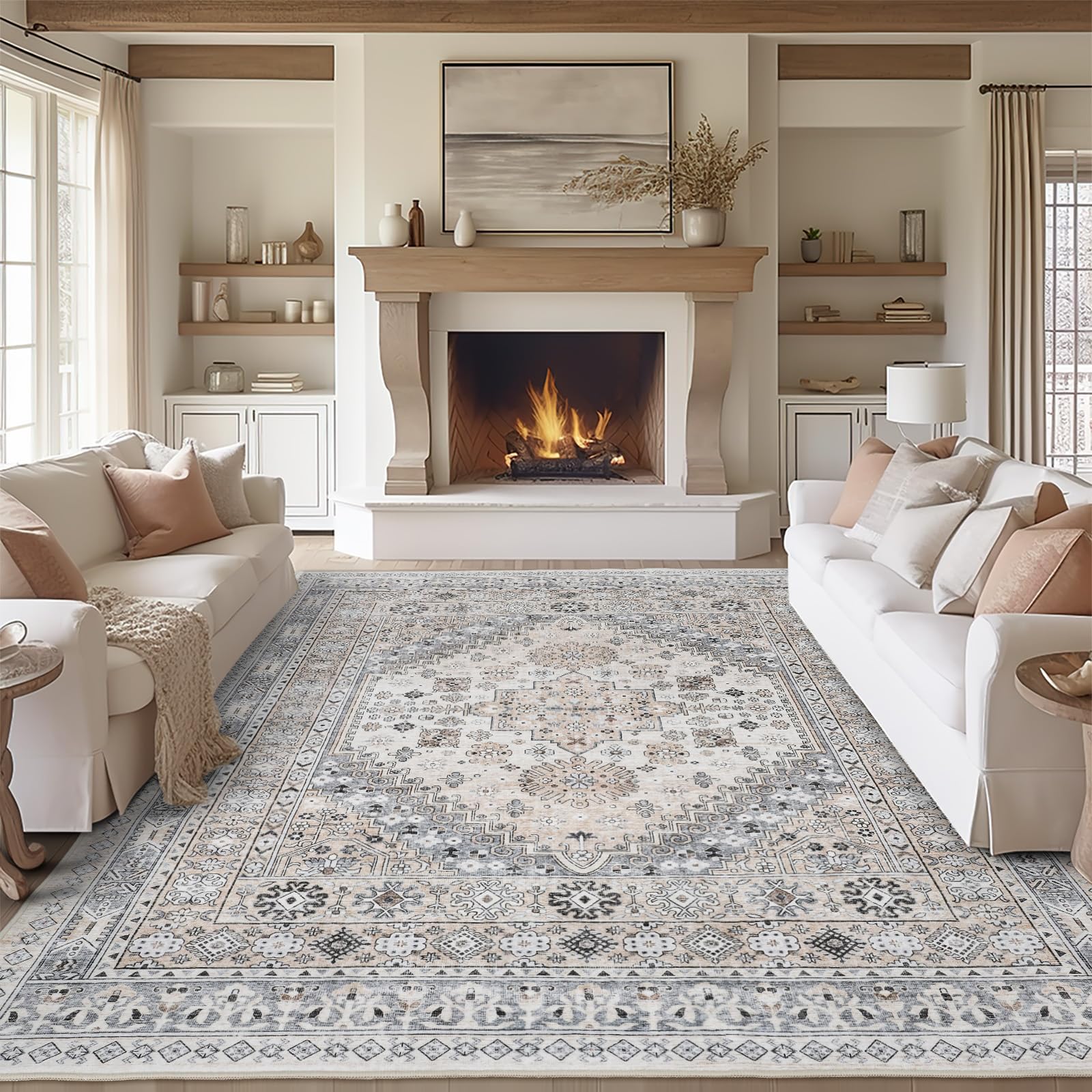 zesthome 8x10 Area Rugs for Living Room,Non-Slip Backing Washable Rugs,Vintage Large Area Rug,Stain Resistant Home Decor Rug (Be