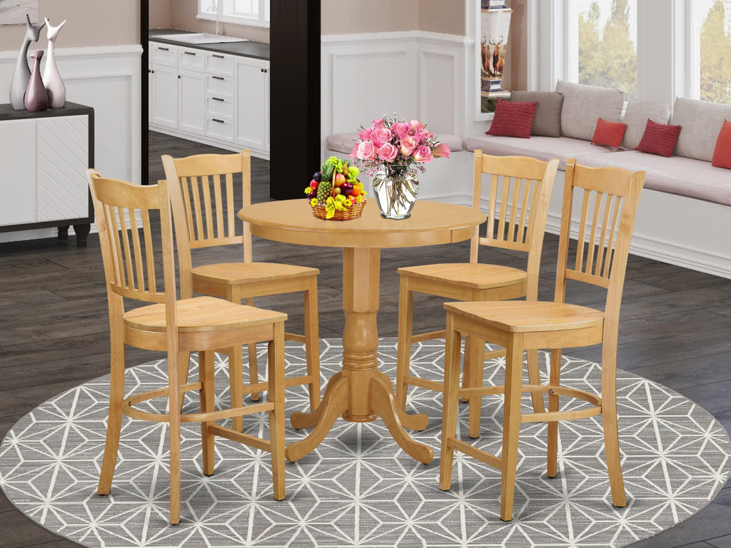 East West Furniture JAGR5-OAK-W 5 Piece Counter Height Dining Table Set Includes a Round Kitchen Table with Pedestal and 4 Dining Chairs, 36x36 Inch, Oak