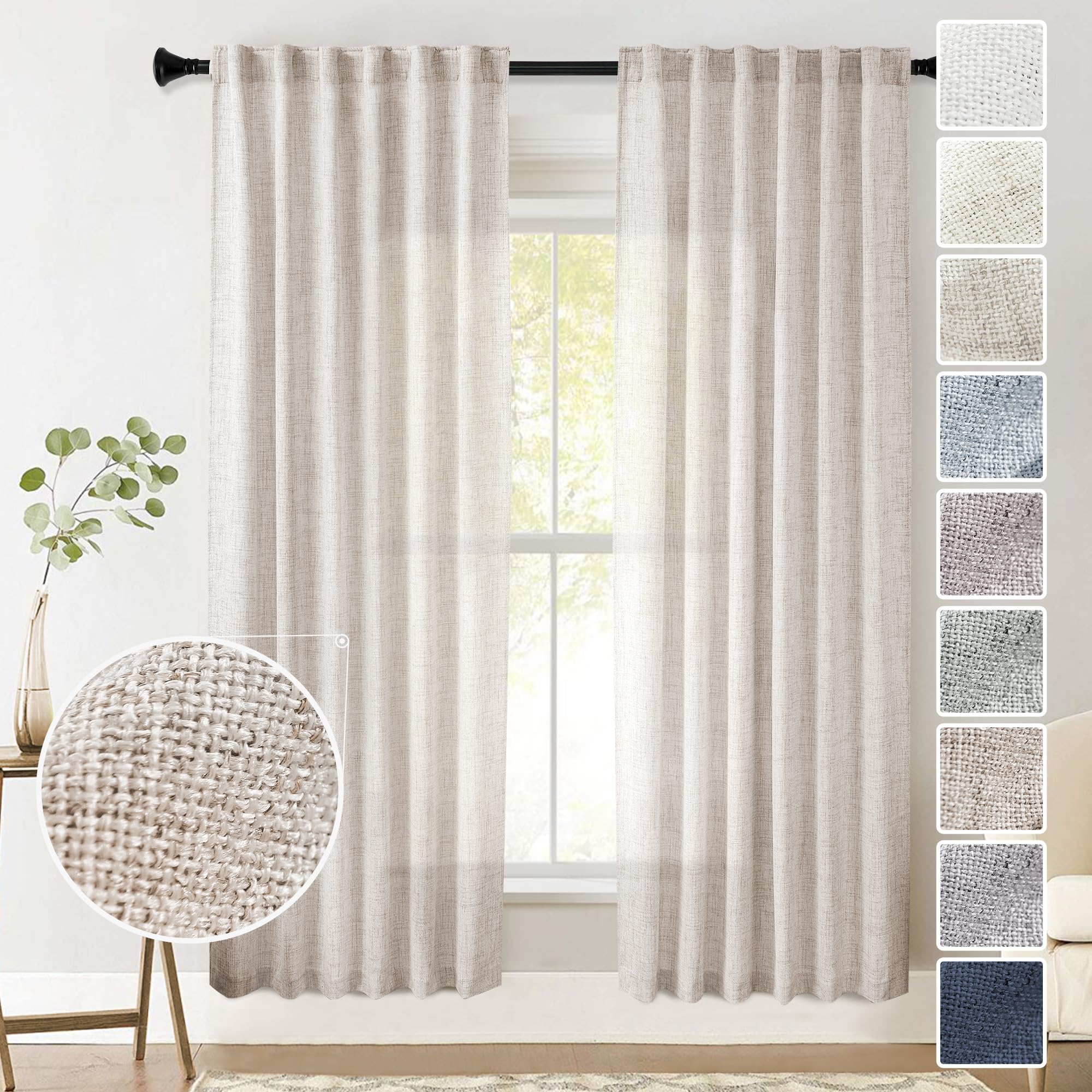 72 Inch Long Linen Curtains For Living Room 2 Panels Set Back Tab Pocket Light Filtering Neutral Modern Farmhouse Boho Semi Priv