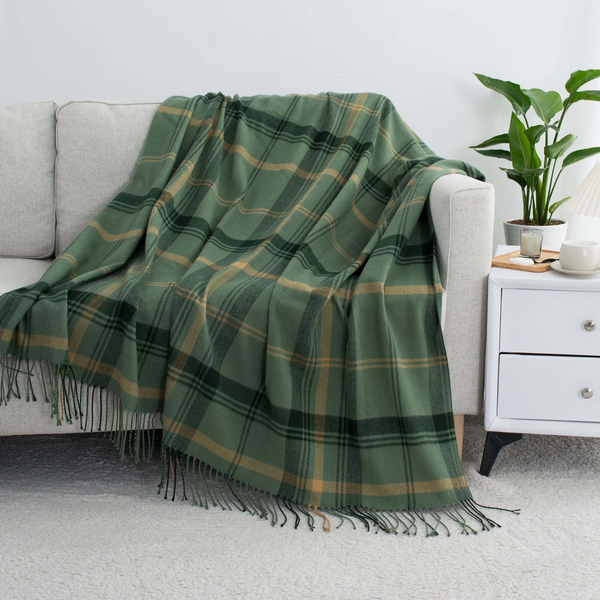 Ginamuse Green Plaid Throw Blanket For Couch,50'X60' Super Soft Cozy Warm Home Decorative Throw With Tassels For Bed Sofa Picn