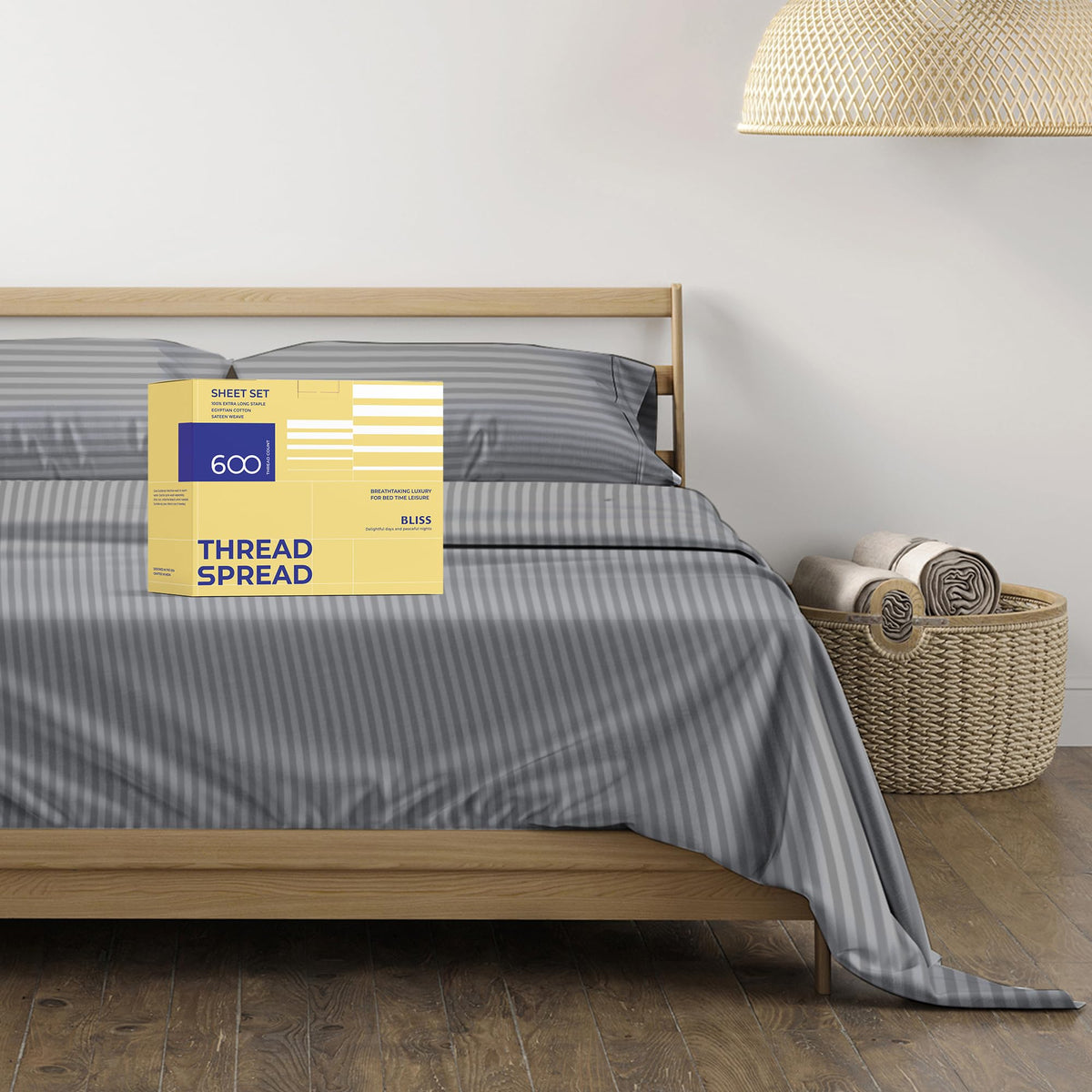 Thread Spread Luxury Egyptian Cotton California King Stripe Sheet Set, 600 Thread Count Extra Long Staple 4 Piece Set, Cal King
