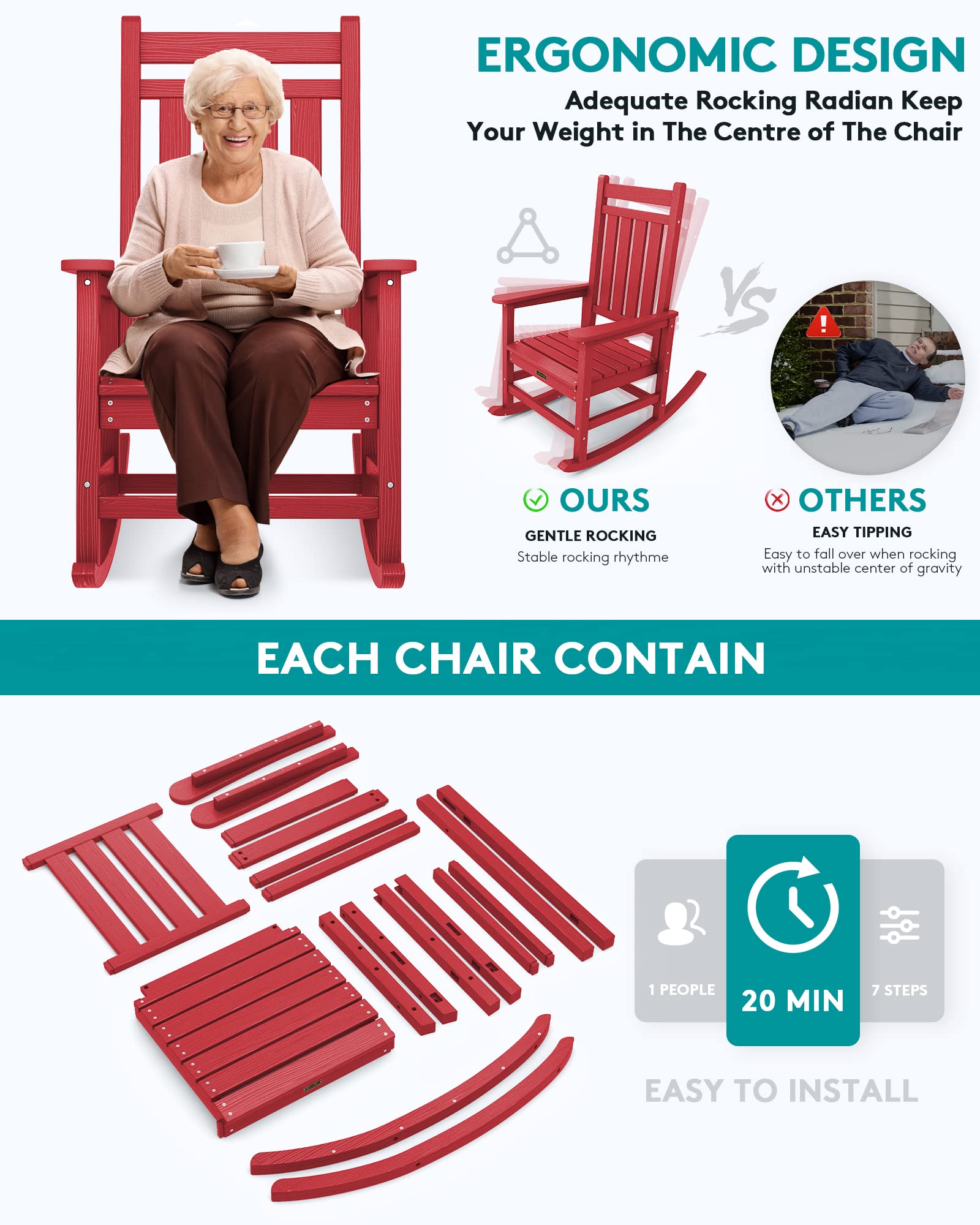 Serwall Outdoor Rocking Chair Set Of 2, Hdpe Rocking Chairs For Adult, All Weather Porch Rockers For Lawn Garden, Red