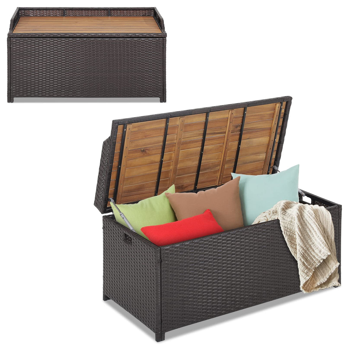 Happygrill Patio Storage Bench Rattan Wicker Deck Box With Acacia Wood Seat, Gas Strut, Zipper Liner, Handles, Outdoor Storage C