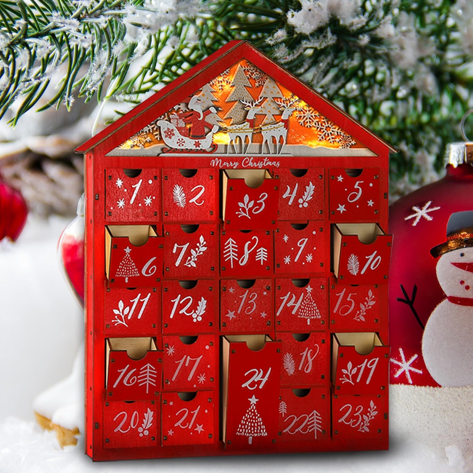 Mortime 24 Day Red House Advent Calendar With Lighted Reindeer Sled Christmas Tree Snowflake, Lighted Wooden Countdown To Christ