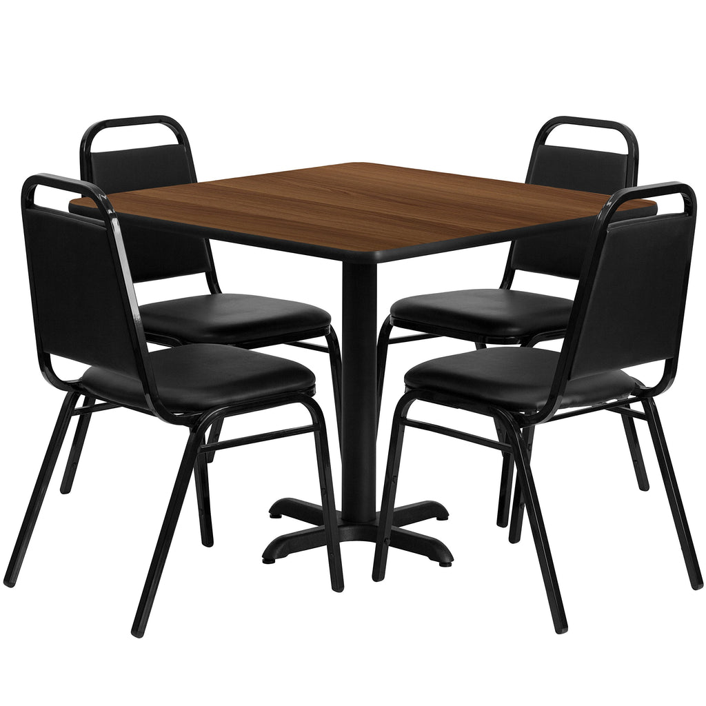 Flash Furniture Carlton 36'' Square Walnut Laminate Table Set with X-Base and 4 Black Trapezoidal Back Banquet Chairs