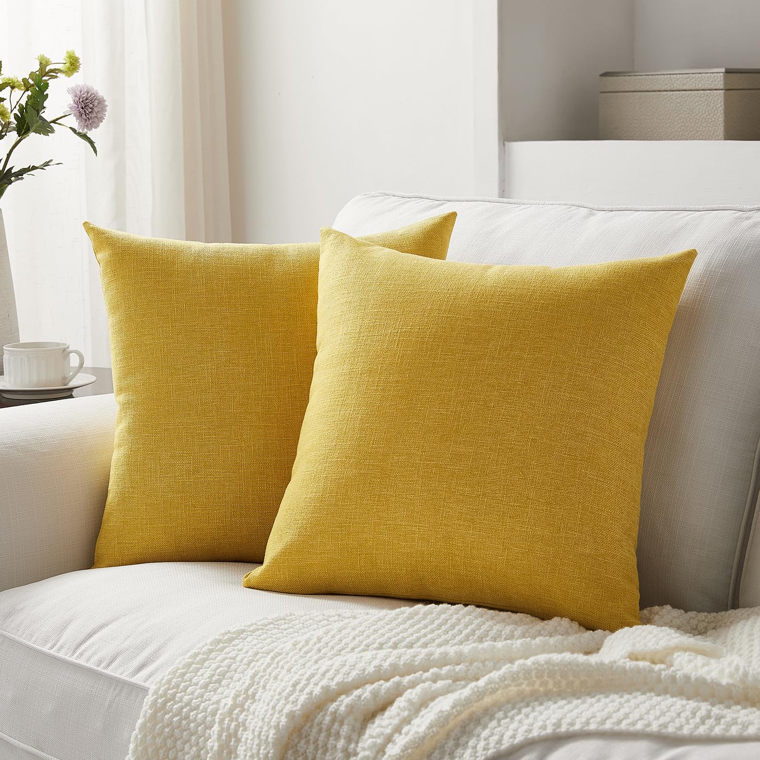 Meekio Set Of 2 Yellow Pillow Covers 18 X 18 Inch Decorative Throw Pillow Covers Linen Cushion Covers For Summer Decor