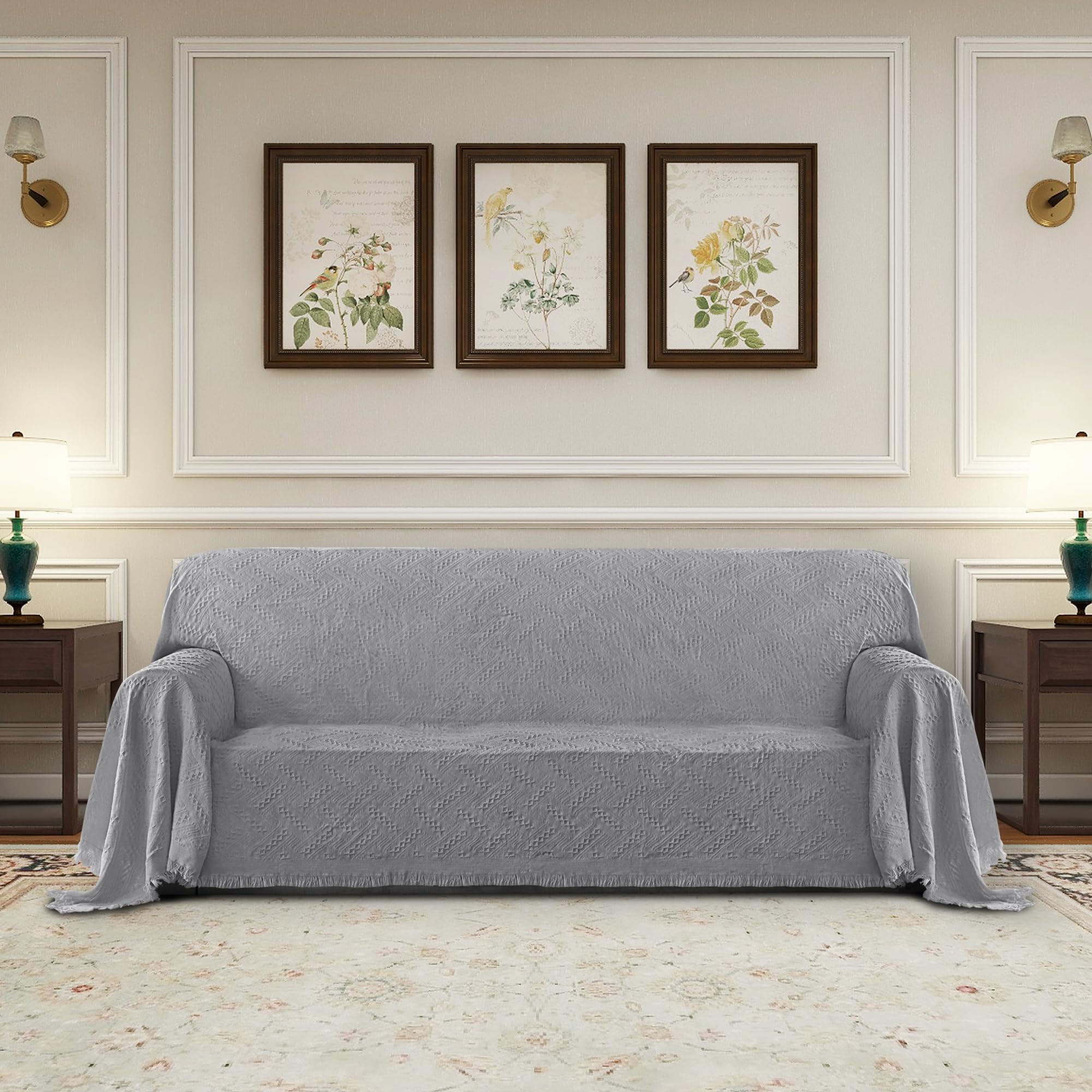 Purefit Geometric Jacquard Throw Sofa Cover - Textured Soft Washable Decorative Couch Covers For 3 Cushion Couch, Throw Cover With Tassels Furniture Protector For Pets, Kids (X-Large, Light Gray)