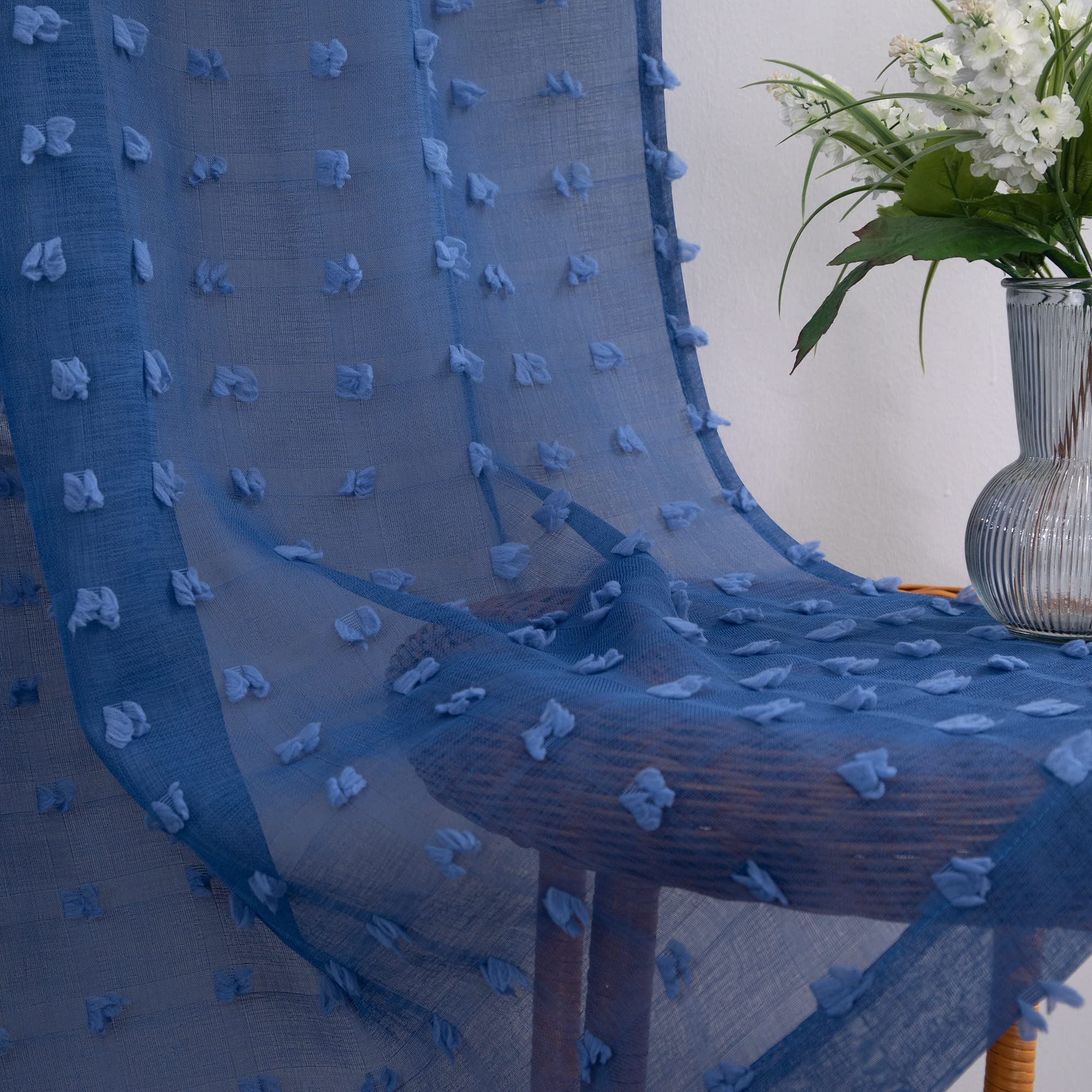 Indigo Royal Blue Sheer Curtains 96 Inches Long For Living Room Boys Kids Room 2 Panels Set Back Tab Rod Pocket Pom Pom Textured