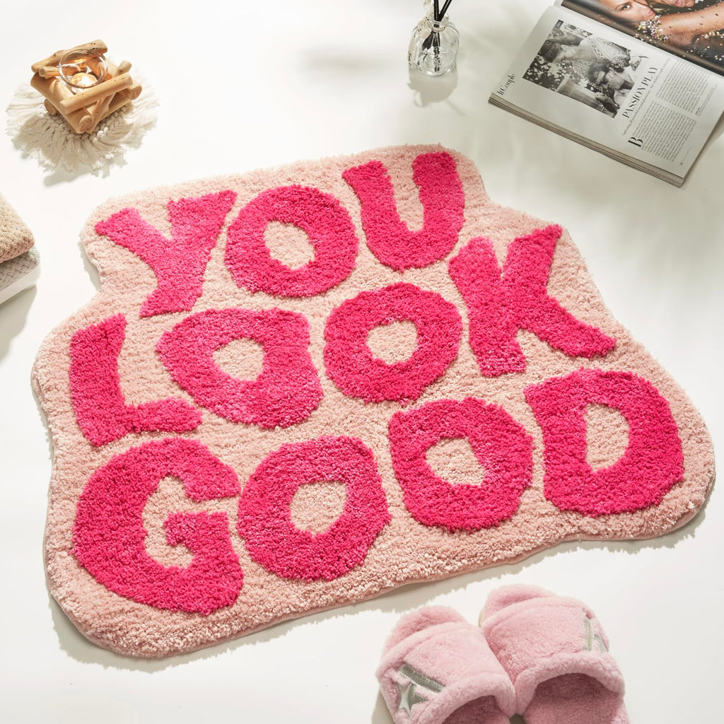 DyeFury You Look Good Bath Mat Pink, Cute Bathroom Rugs for Girls Fun Funny Funky Rug Bedroom Pink Preppy Bathroom Decor Hello B