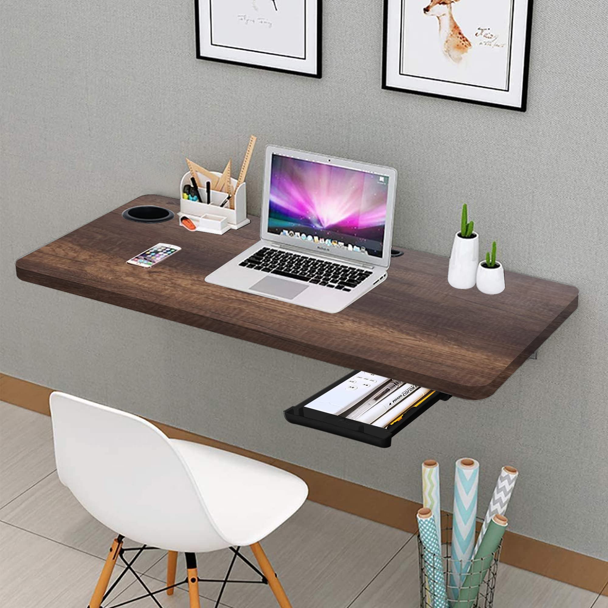 QARA (31x18.5 inches Solid Wood Wall Mounted Round Corner Folding Study Table with Cup Holder | Wall Mount Table with Drawer | F