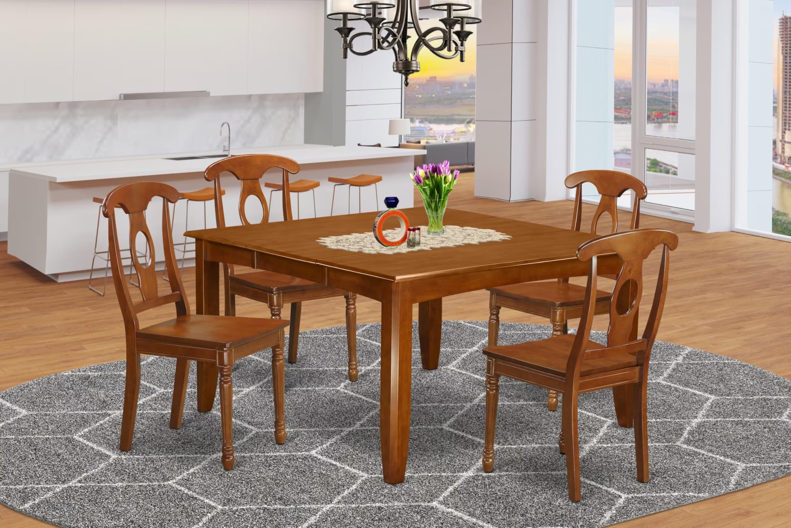 East West Furniture PFNA5-SBR-W 5 Piece Dinette Set for 4 Includes a Square Dining Room Table with Butterfly Leaf and 4 Dining Chairs, 54x54 Inch, Saddle Brown