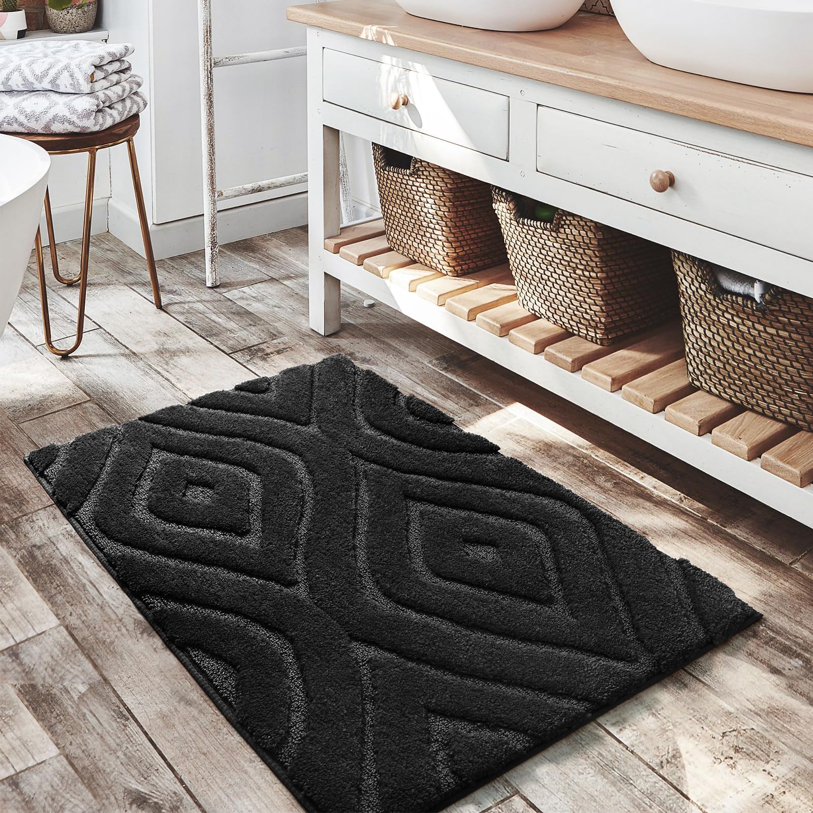 DEXDE Black Bathroom Rugs Boho Bath Mat Non Slip Geometric Luxury Soft Washable Carpet for Bathroom Shower Kitchen Entryway Mode