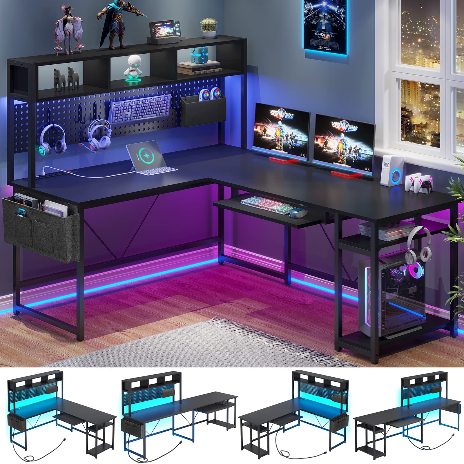 SEDETA L Shaped Desk, 94.5 Inch Office Desk with Power Outlet & Pegboard, L Shaped Desk with Led Light, Keyboard Tray, Storage S