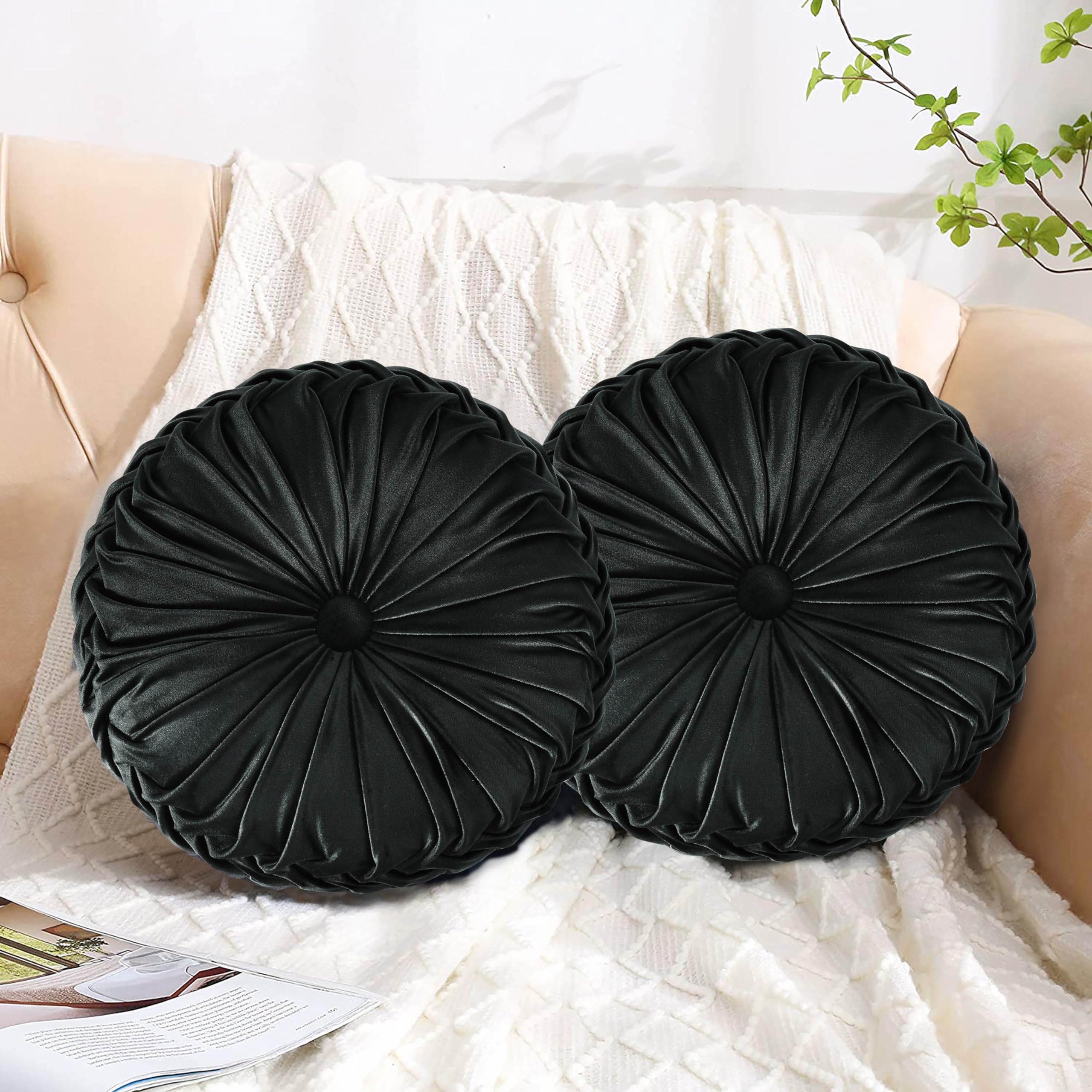 Hig Set Of 2 Decorative Round Pleated Throw Pillows, Classy Accent Pumpkin Throw Pillows With Center Button, Vintage Velvet Floor Pillows For Sofa Vanity Chair Bed, Black, 14.5' Diameter(Ripple)