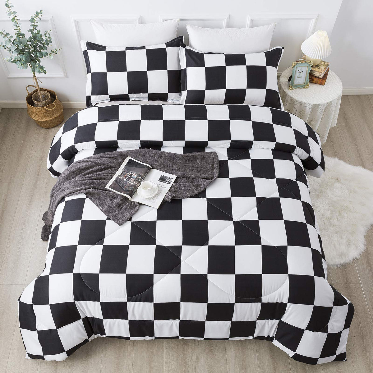 Andency Black White Plaid Comforter Full(79X90Inch), 3 Pieces (1 Plaid Comforter And 2 Pillowcases) Black White Checkerboard Com