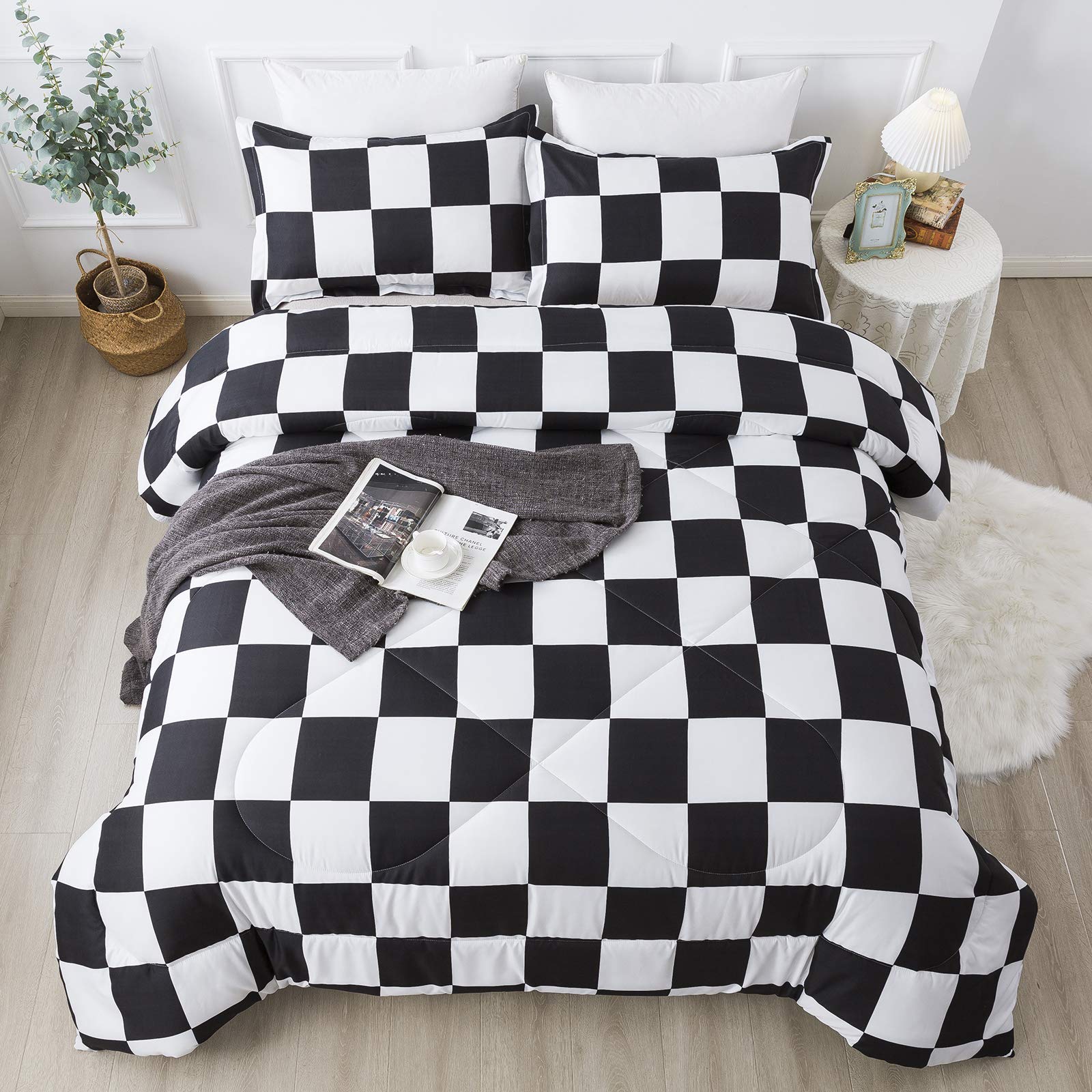 Andency Black White Plaid Comforter Full(79X90Inch), 3 Pieces (1 Plaid Comforter And 2 Pillowcases) Black White Checkerboard Com