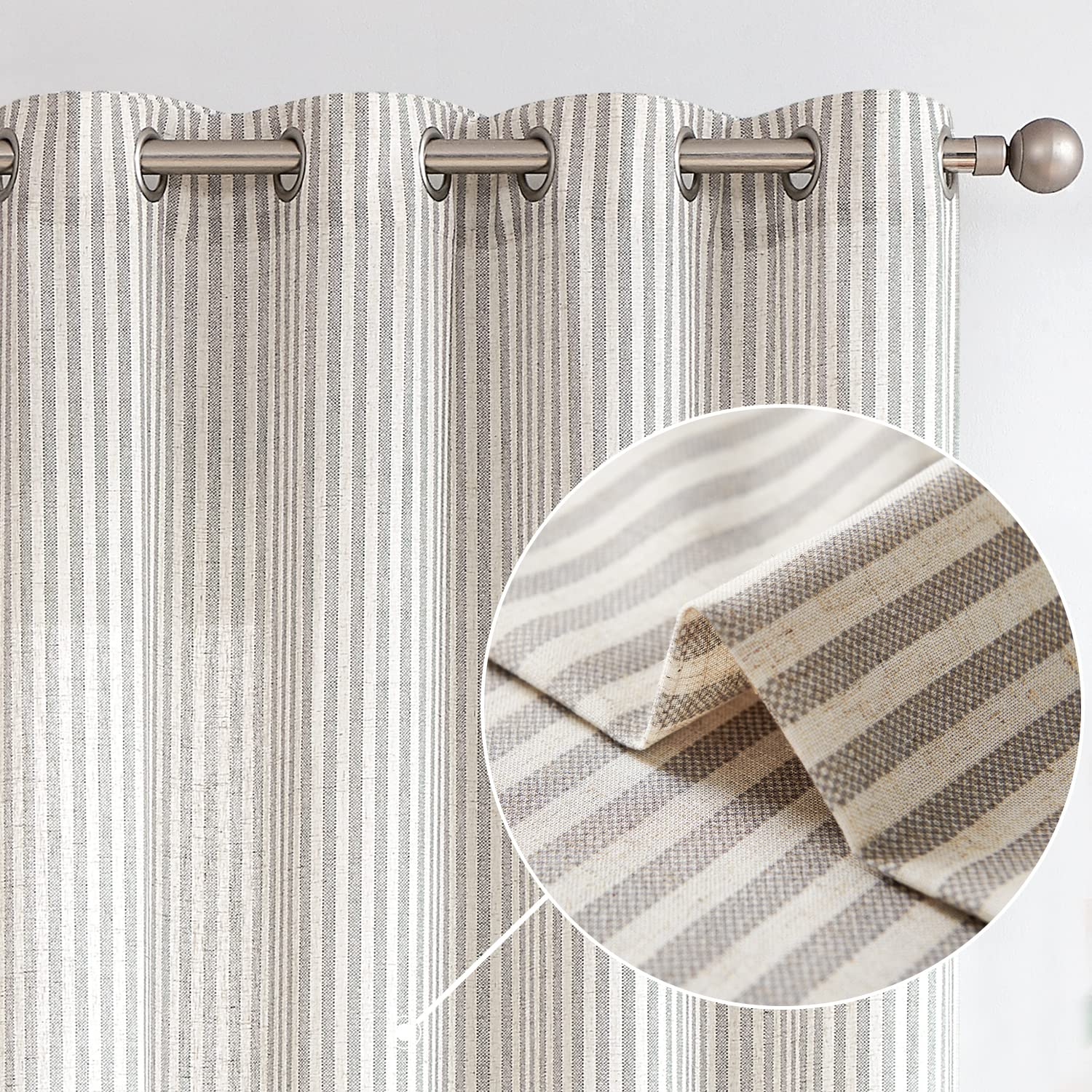Vangao Linen Stripe Curtains Tickingstripe Light Filtering Window Curtains Grey Pinstripe Printed on Beige Drapes 96 Inches Long