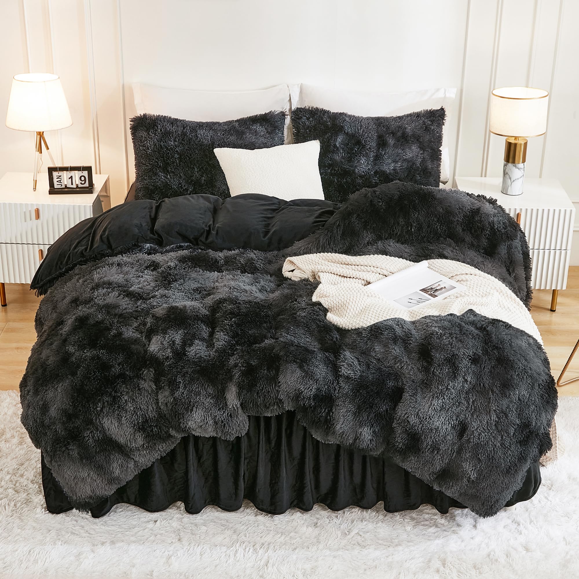 Andency Faux Fur Tie-Dyed Black Grey Comforter King Size, 3 Pieces Fluffy Fuzzy Plush Bedding Comforter Set (1 Shaggy Velvet Com